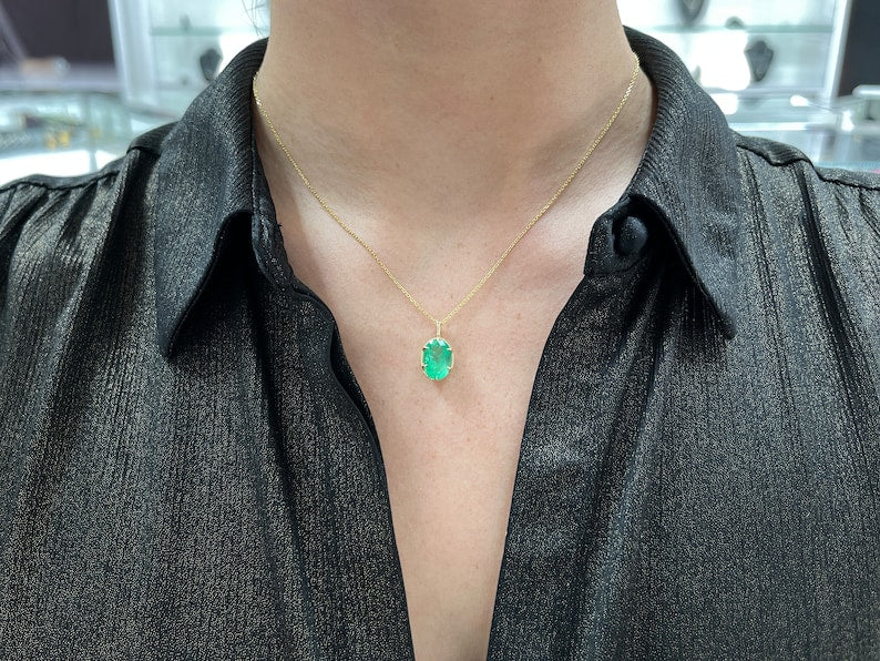 3.0 Carat Natural Green Emerald Solitaire Oval Pendant Necklace - 6 Prong Gold Setting for Women - Perfect for Weddings, Anniversaries & Special Occasions