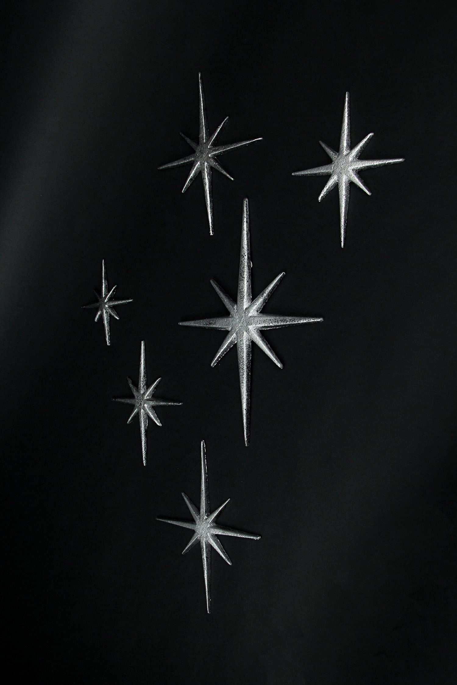 6-Piece Metallic Silver Cast Iron Starburst Wall Decor Set - Mid Century Modern 8-Pointed Star Wall Hangings for MCM Home Decor | Indoor & Outdoor Wall Art for Living Room, Bedroom, Patio & Garden