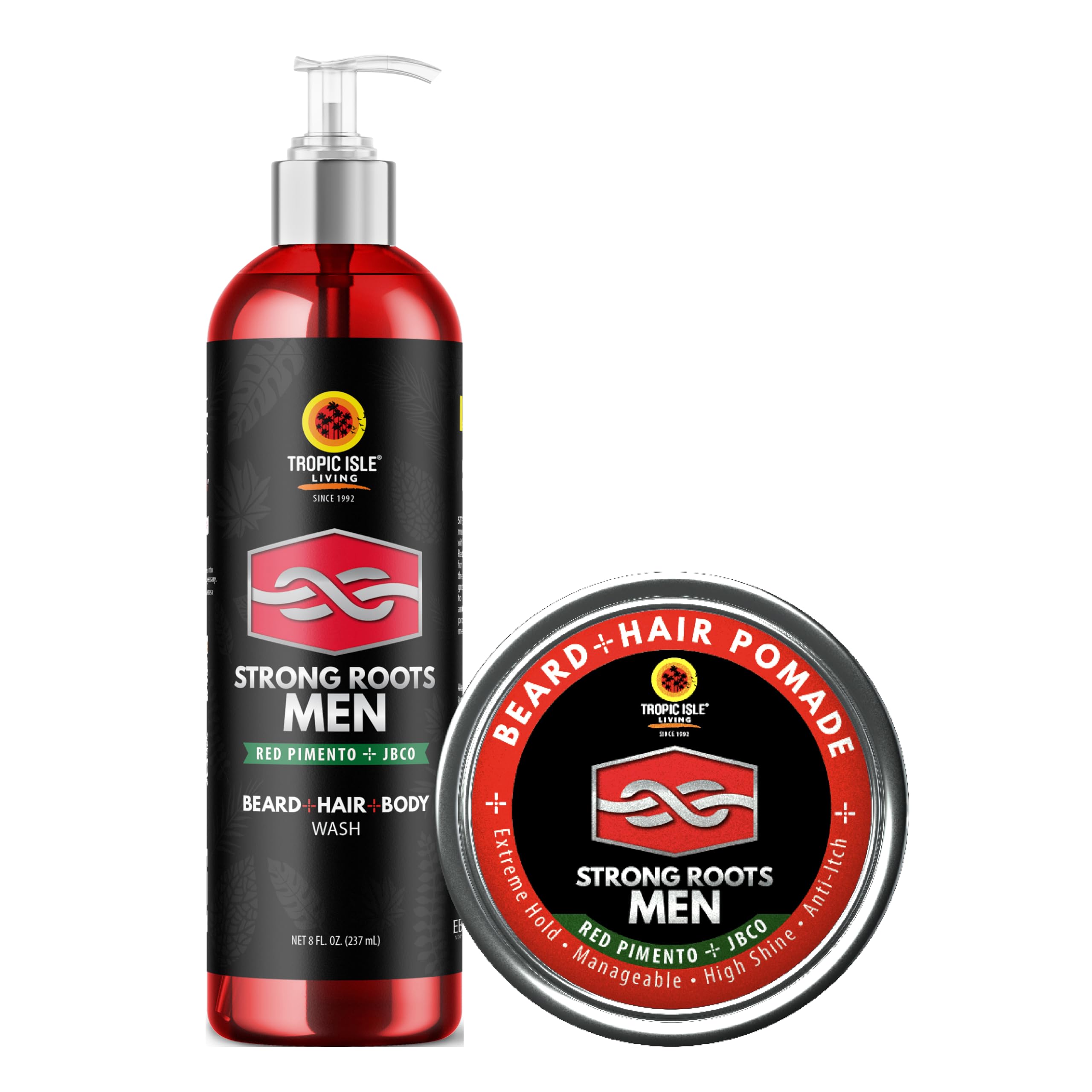 Tropic Isle Living Strong Roots Men's Styling Kit - 3-in-1 Hair, Body & Beard Wash with Organic Jamaican Black Castor Oil & Red Pimento | All-Natural Grooming for Men, All Skin Types | Perfect for Daily Use, Travel & Beard Care Routine