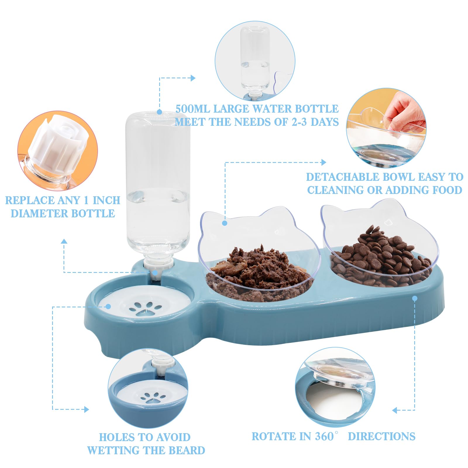 Elevated Triple Cat Bowls Set - 15° Tilted 3-in-1 Food & Water Feeder with Automatic Bottle | Whisker-Friendly Wet/Dry Feeding Dishes for Cats & Small Dogs | Durable Sky Blue Design | Perfect for Home, Kitchen or Travel Use