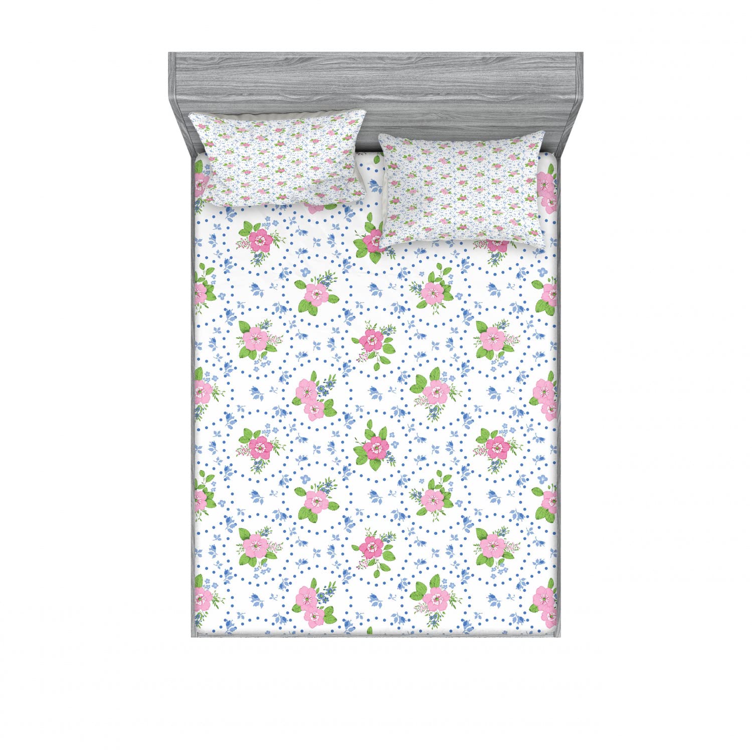 Ambesonne Floral 2-Pack Queen Size Fitted Sheet & Pillow Sham Set - Nature Romance Classic Design, 4-Piece Bedding Collection in Pink & Blue for Master Bedroom Decor | Soft & Breathable Cotton Blend for Comfortable Sleep