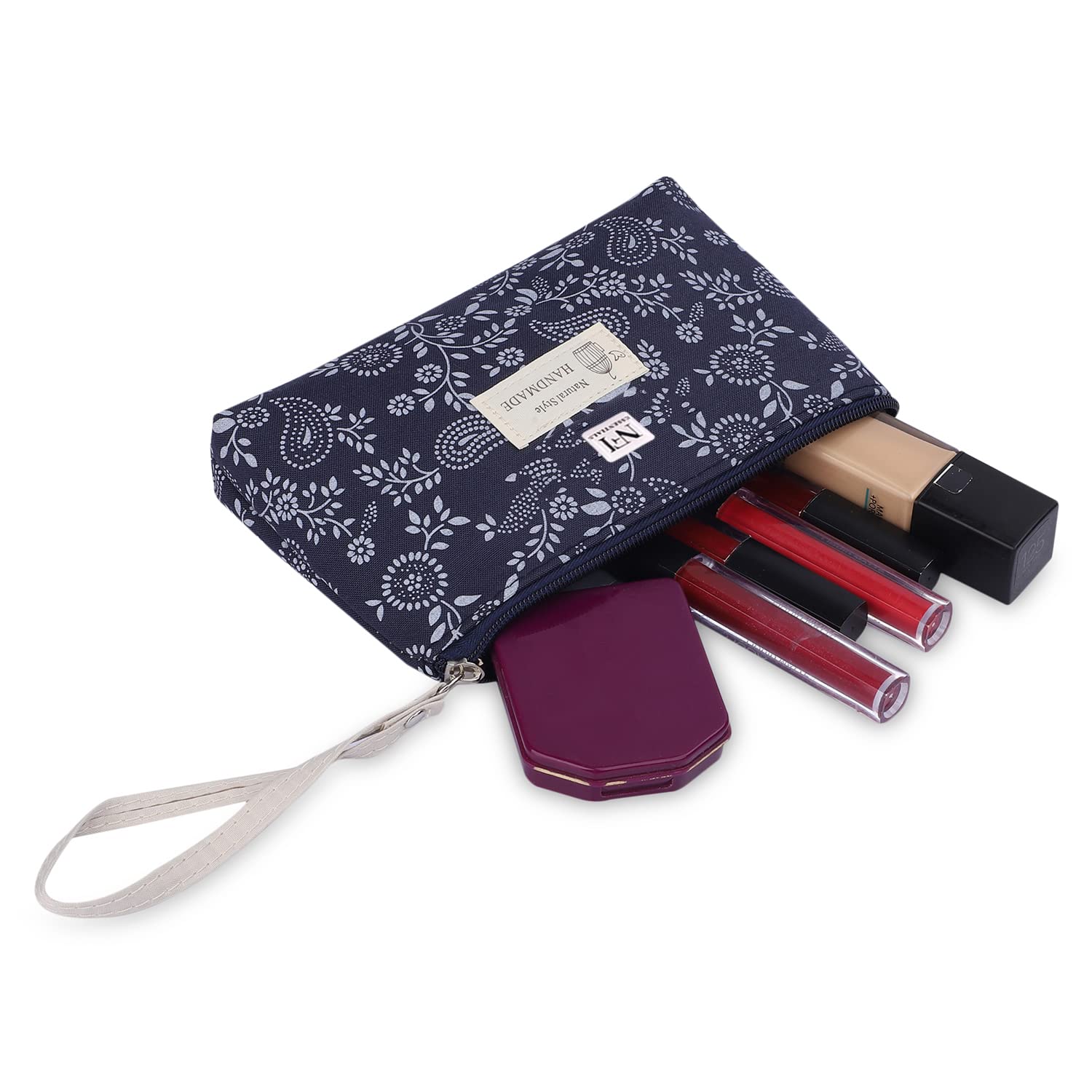 Stylish Blue Makeup Pouch for Women - Small Cosmetic Bag for Travel, Toiletries & Accessories | Perfect for Girls' Essentials, Gym & Daily Use