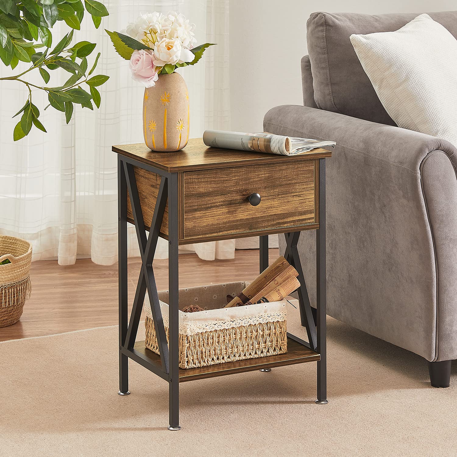 VECELO 2-Piece Nightstand Set - Modern Industrial Side Tables with Drawer & Storage Shelf for Bedroom & Living Room - Wood & Metal End Tables in Brown - Perfect for Small Spaces, Apartment Furniture & Home Decor