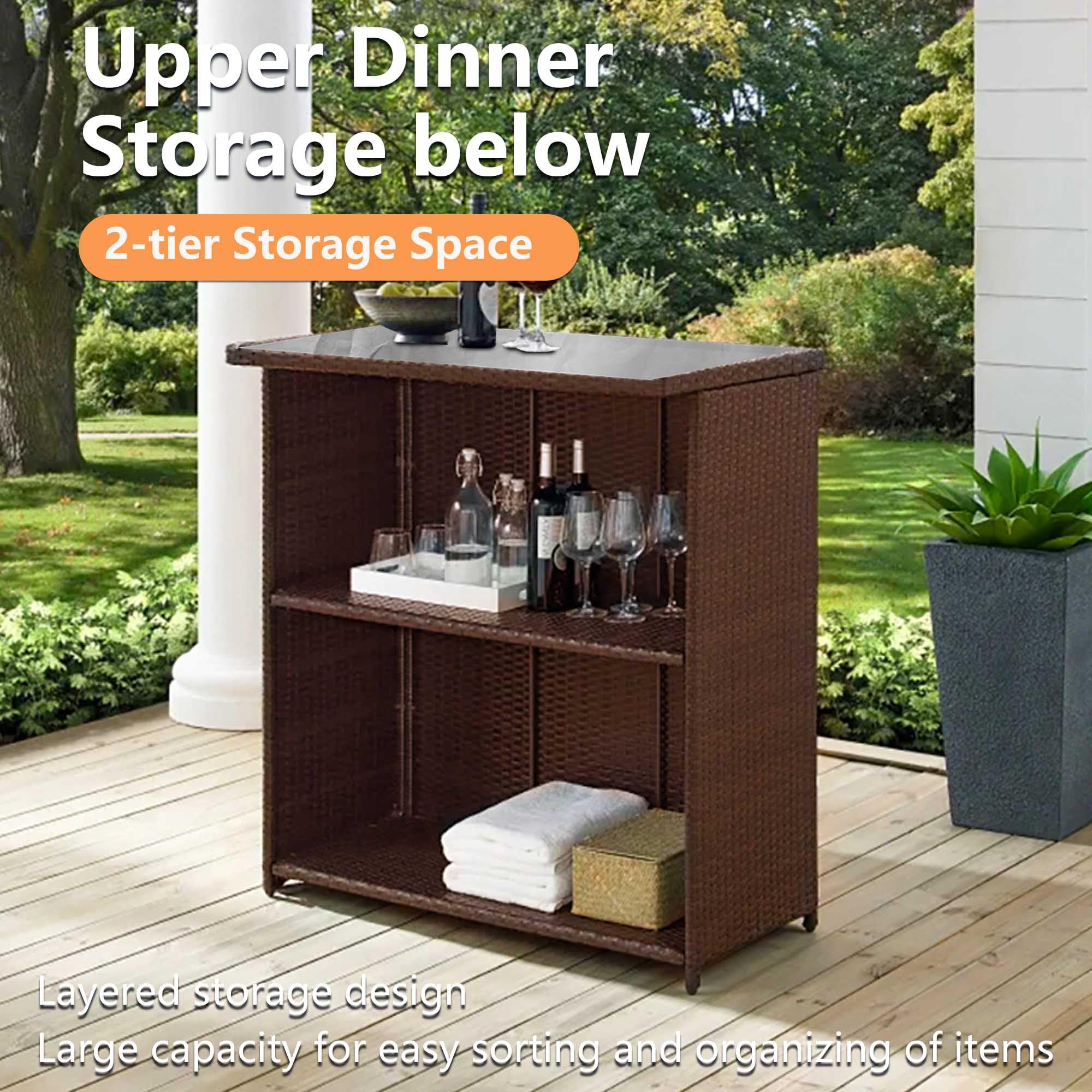 Premium 3-Piece Rattan Bar Set - Patio Wicker Bistro Table with 2 Bar Stools, Tempered Glass Top & Storage Shelves for Outdoor/Indoor Use - Perfect for Poolside, Porch, Garden & Backyard Entertaining (Khaki)