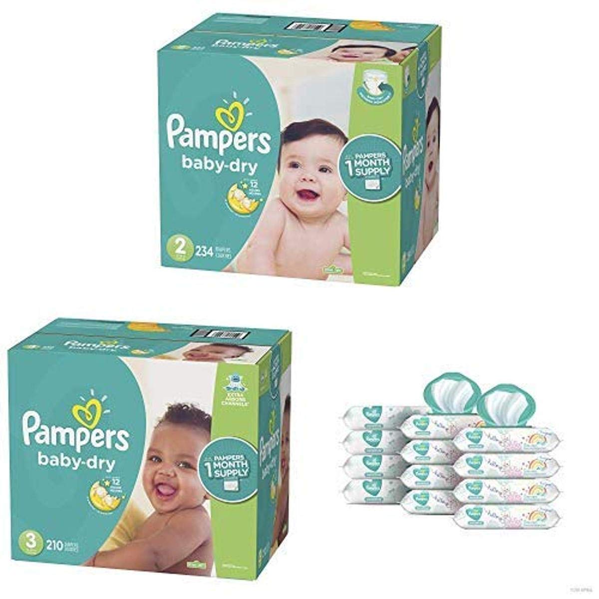 Pampers Baby Dry Disposable Diapers Bundle - Size 2 (234 Count) & Size 3 (210 Count) with Sensitive Water-Based Baby Wipes (12 Packs, 864 Wipes) | Ultra Absorbent for Overnight Protection | Perfect for Newborns, Infants & Toddlers at Home, Daycare or Travel