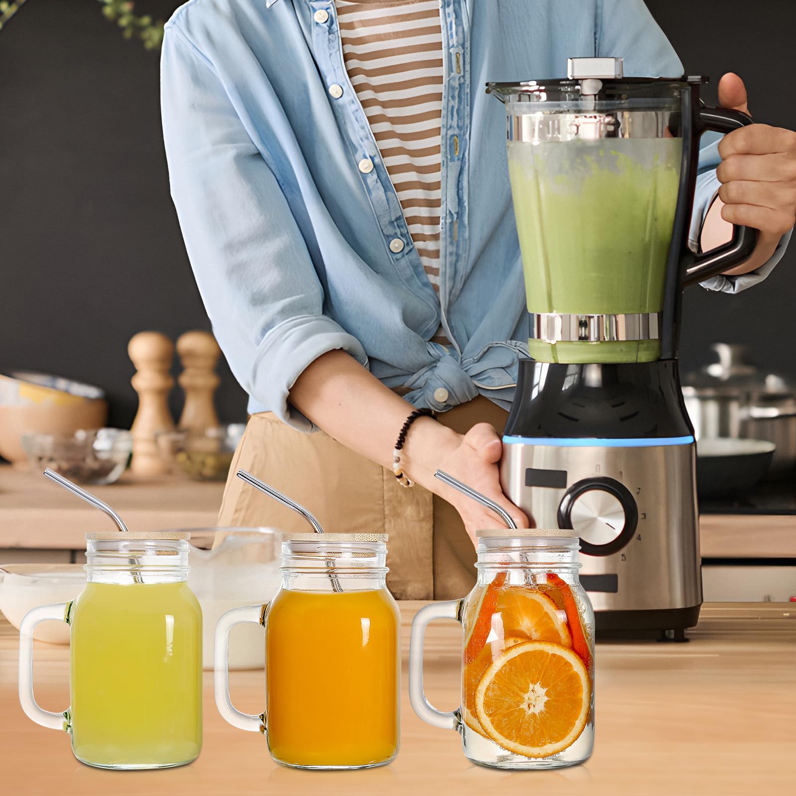 4 Pack 20 Oz Mason Jars with Bamboo Lids & Straws - Reusable Drinking Glasses for Iced Coffee, Juice, Smoothies, Kombucha, Tea & Milk - Perfect for Home, Office, Picnics & Outdoor Activities