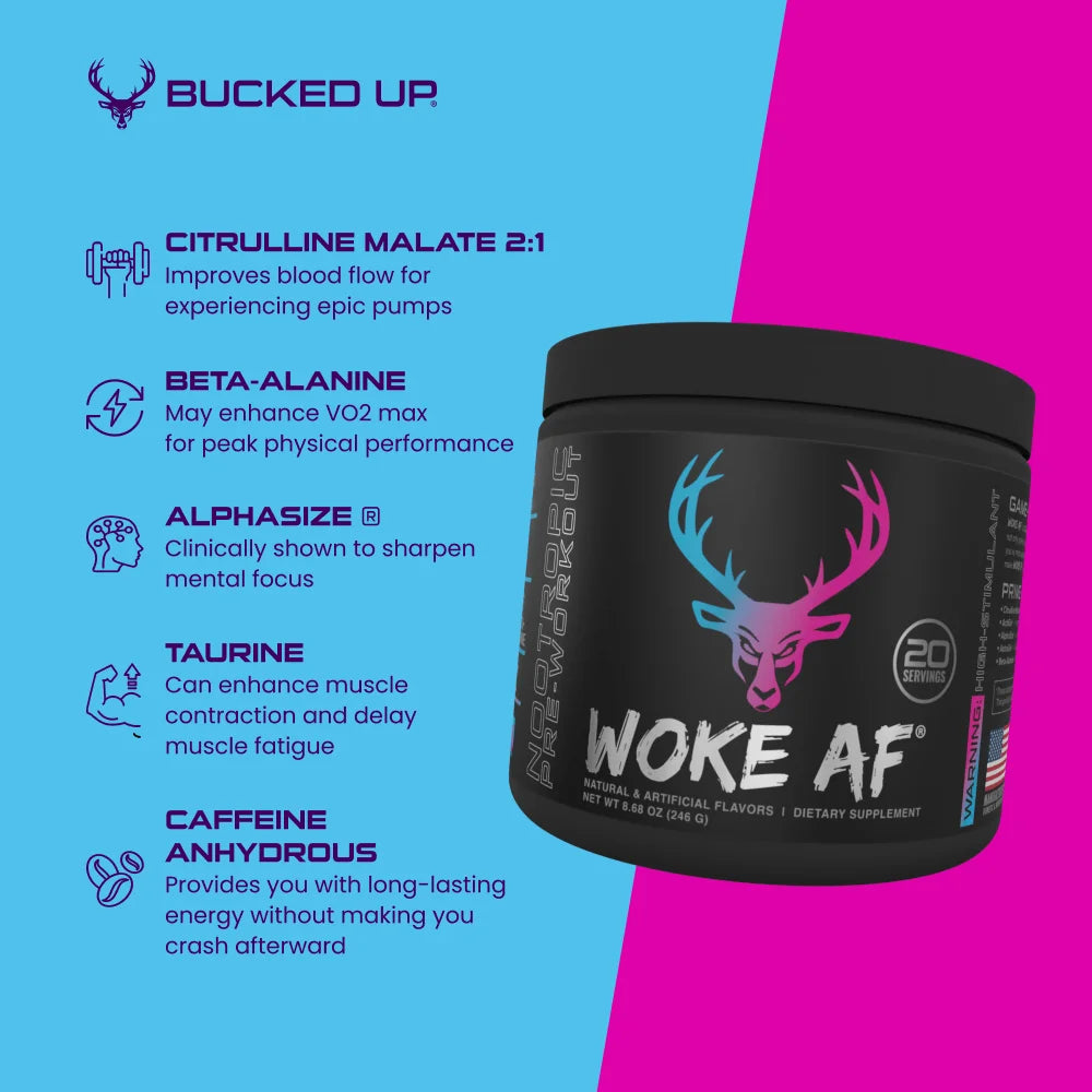 Bucked Up Woke AF 260g Pre-Workout Powder - Energy & Focus Booster for Gym, Fitness & Bodybuilding | Vegan & Keto Friendly Supplement