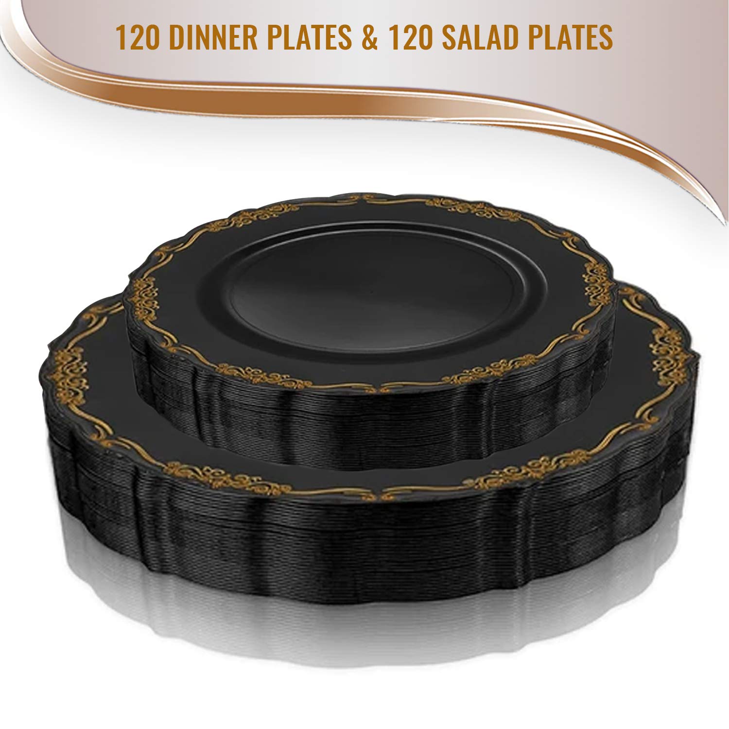 Elegant Disposable Plastic Plates Set - 120-Piece Black & Gold Dinnerware for Parties, Events & Catering - Perfect for Weddings, Birthdays & Outdoor Gatherings