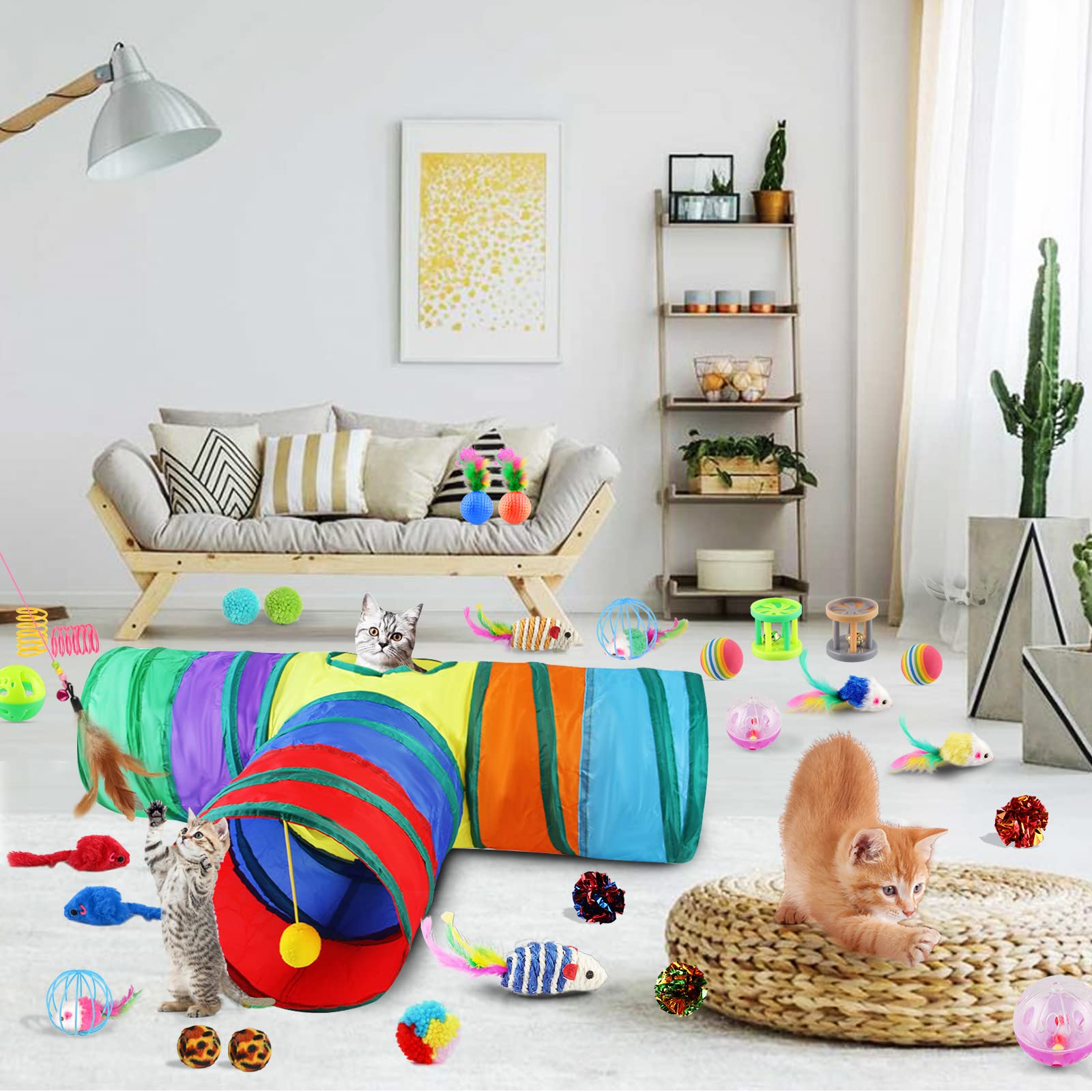 **32-Piece Cat Toys Set - Interactive Kitten Toys with Feather Teaser, Sisal Mice, Bell Balls & Crinkle Balls - Fun Indoor Play for Cats & Kittens - Perfect for Exercise & Bonding**