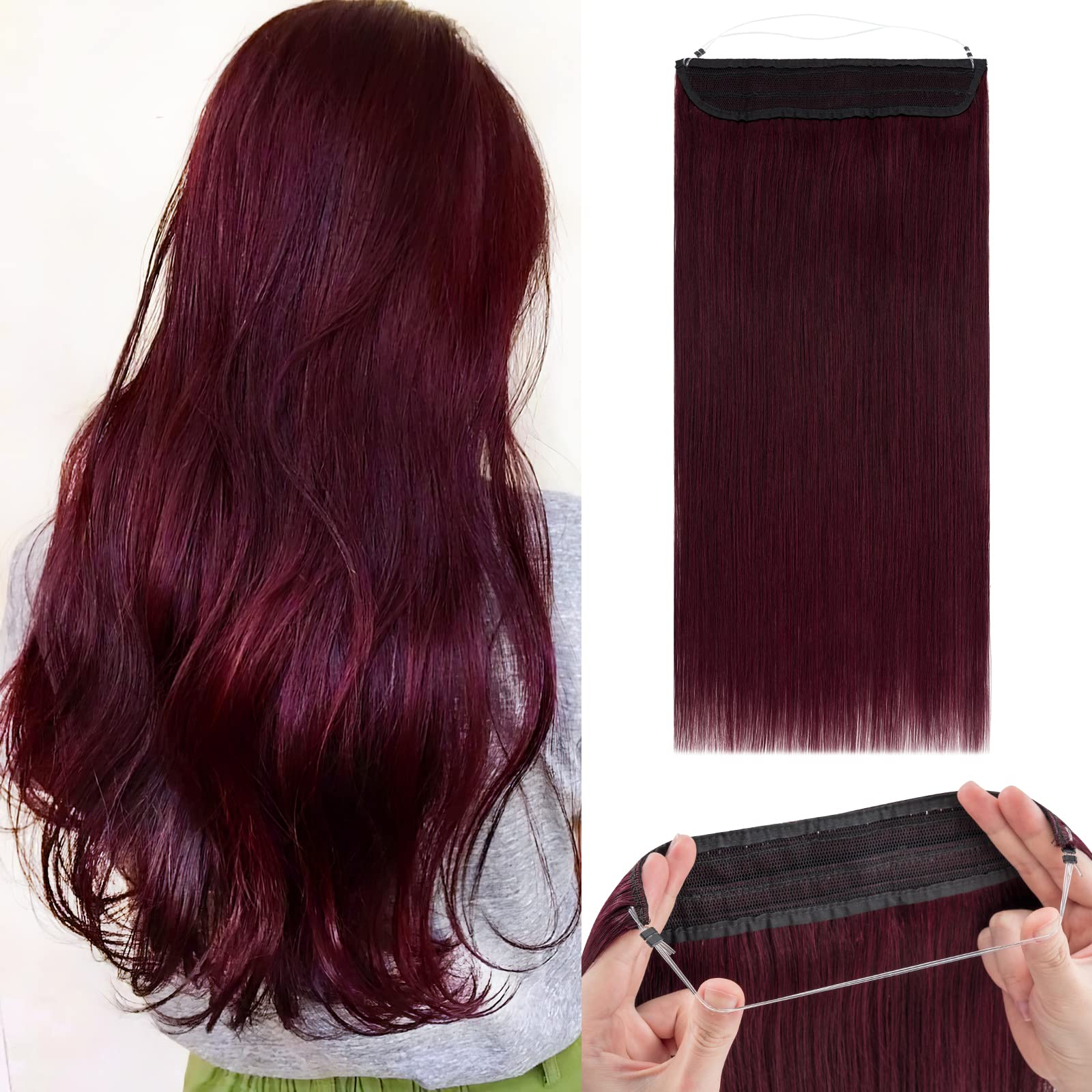 18 Inch 100g Wine Red Human Hair Extensions with Thick Ends & Invisible Wire - Real Human Hair with 2 Fish Lines for Thicker, Natural-Looking Hairpieces | Perfect for Women's Daily Styling, Parties & Special Occasions