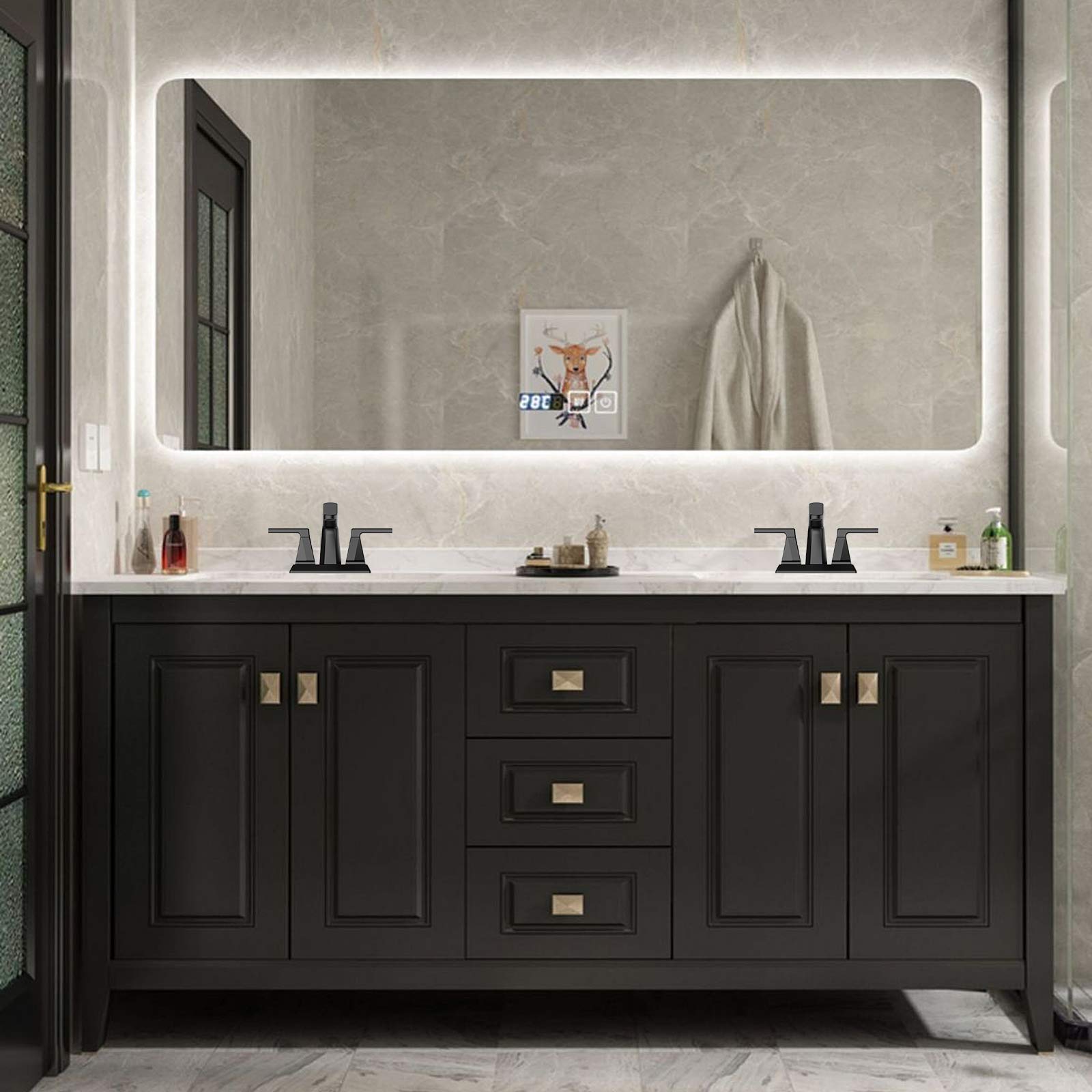 KAIYING 2-Handle Centerset Bathroom Sink Faucet - Black Modern 3-Hole Vanity Faucet with Pull-Out Sprayer, 4