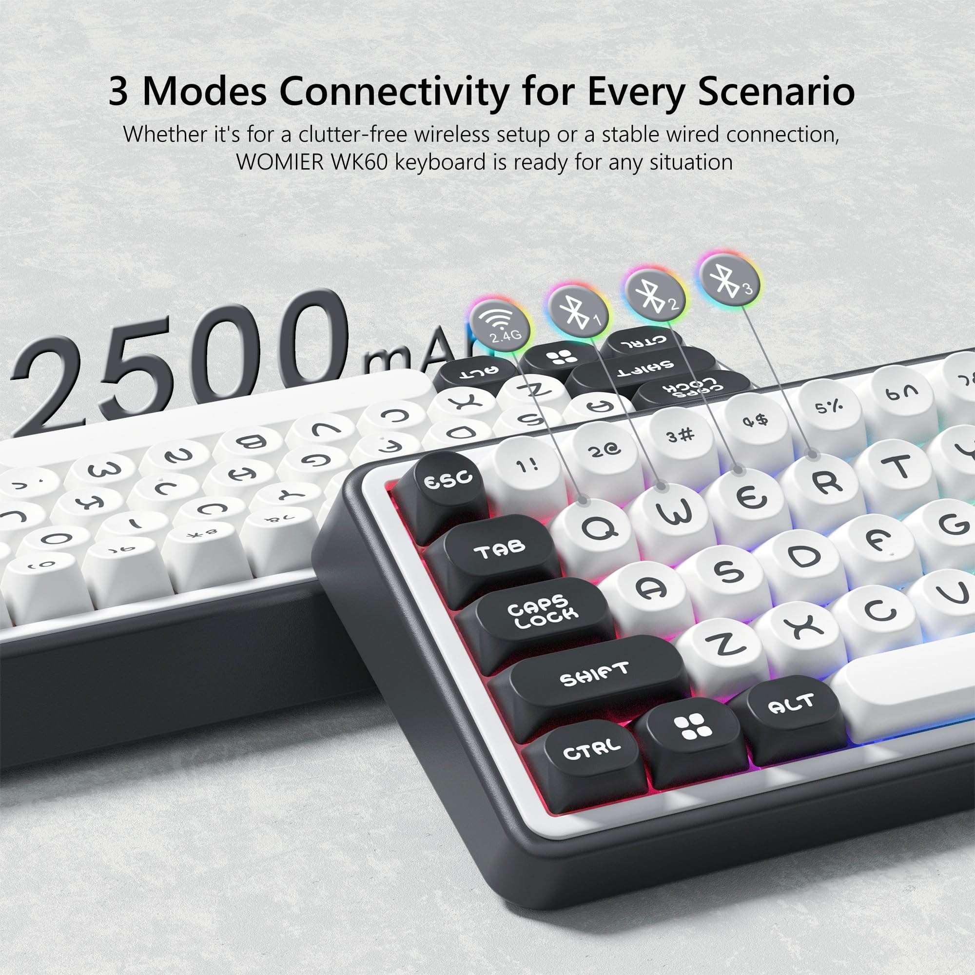 Womier WK60 Wireless Mechanical Gaming Keyboard - Hot Swappable RGB, Bluetooth/2.4GHz/USB-C for PC Gaming