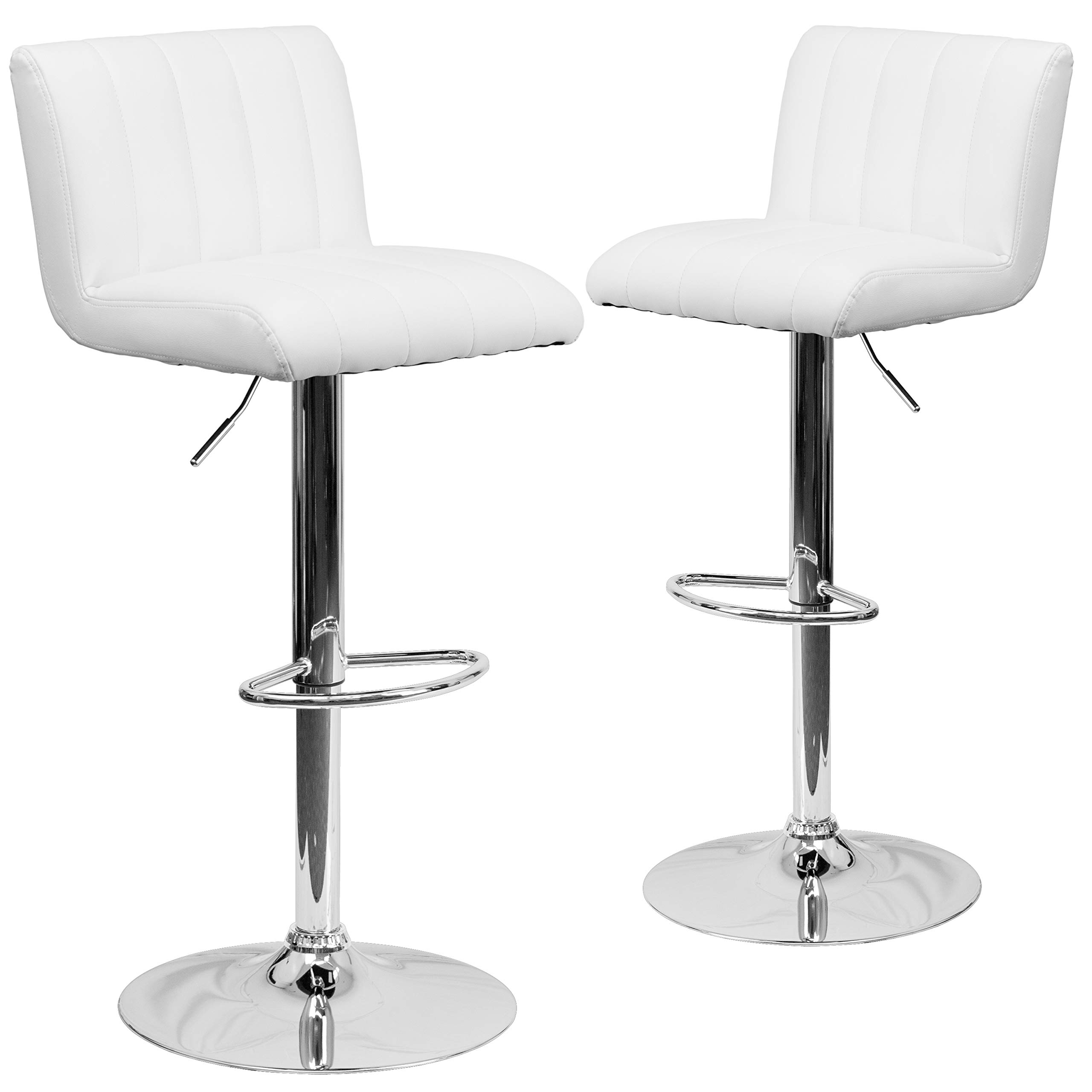 2 Pack White Vinyl Adjustable Bar Stools with Vertical Stitch Design & Chrome Base - Modern Kitchen Counter Stools for Dining Room, Bar, or Breakfast Nook