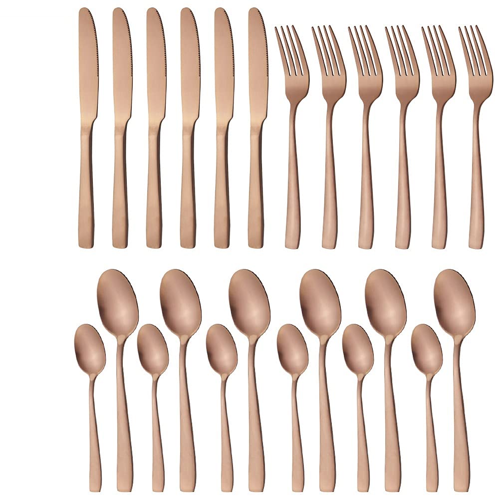 24-Piece Stainless Steel Silverware Set - Dinner Knives, Spoons, Forks & Dessert Forks - Elegant Rose Gold Cutlery for Formal Dining, Wedding Gifts & Home Kitchen Tableware