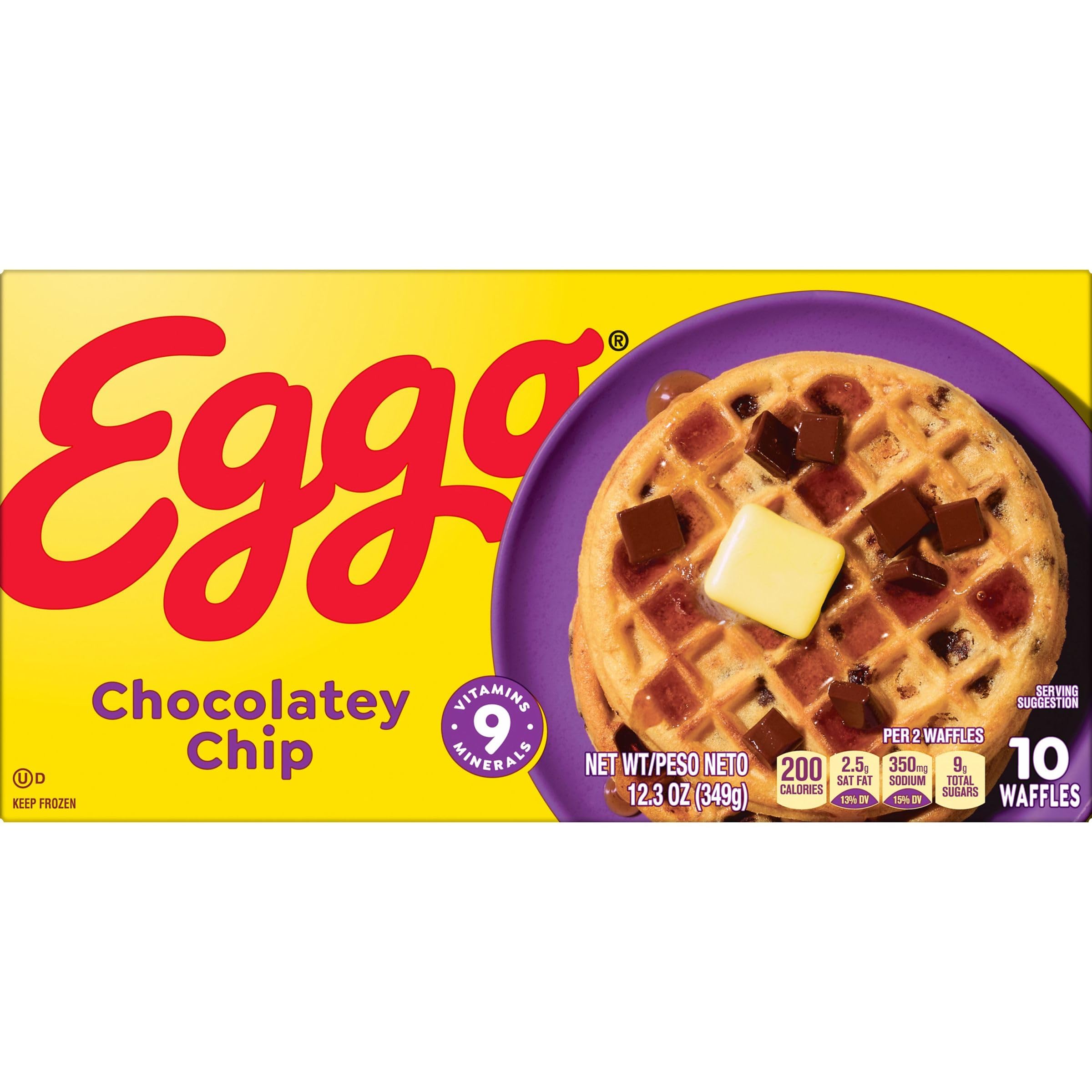 Eggo Frozen Waffles Chocolate Chip - 10 Count (12.3oz) | Quick Breakfast Food for Kids & Adults | Perfect for Busy Mornings, School Lunches & On-the-Go Snacks