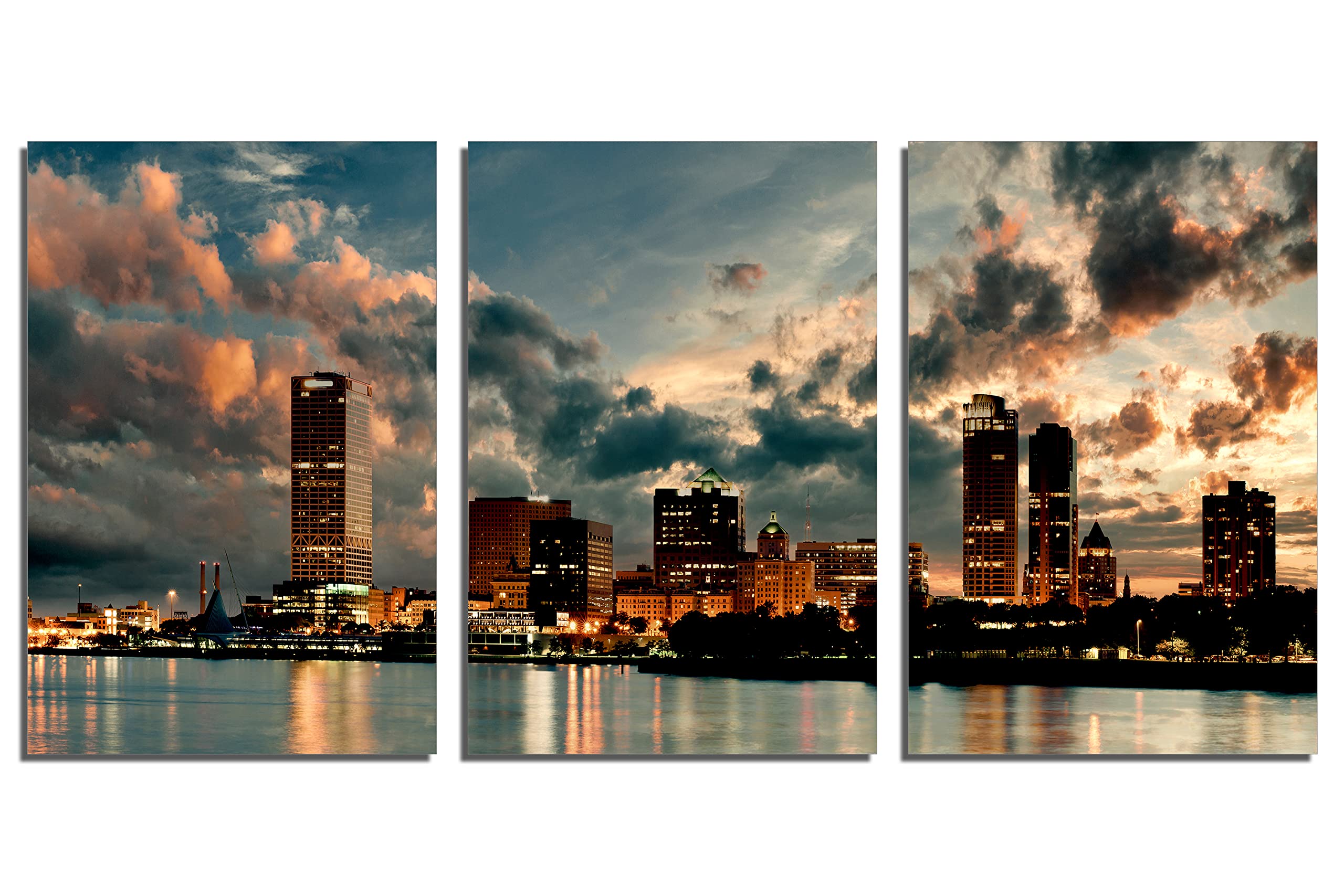 Milwaukee Skyline Wall Art - 48x24 Inch Metal Print Canvas with Dramatic 3 Panel Split | Wisconsin Cityscape Decor for Living Room, Office & Bedroom