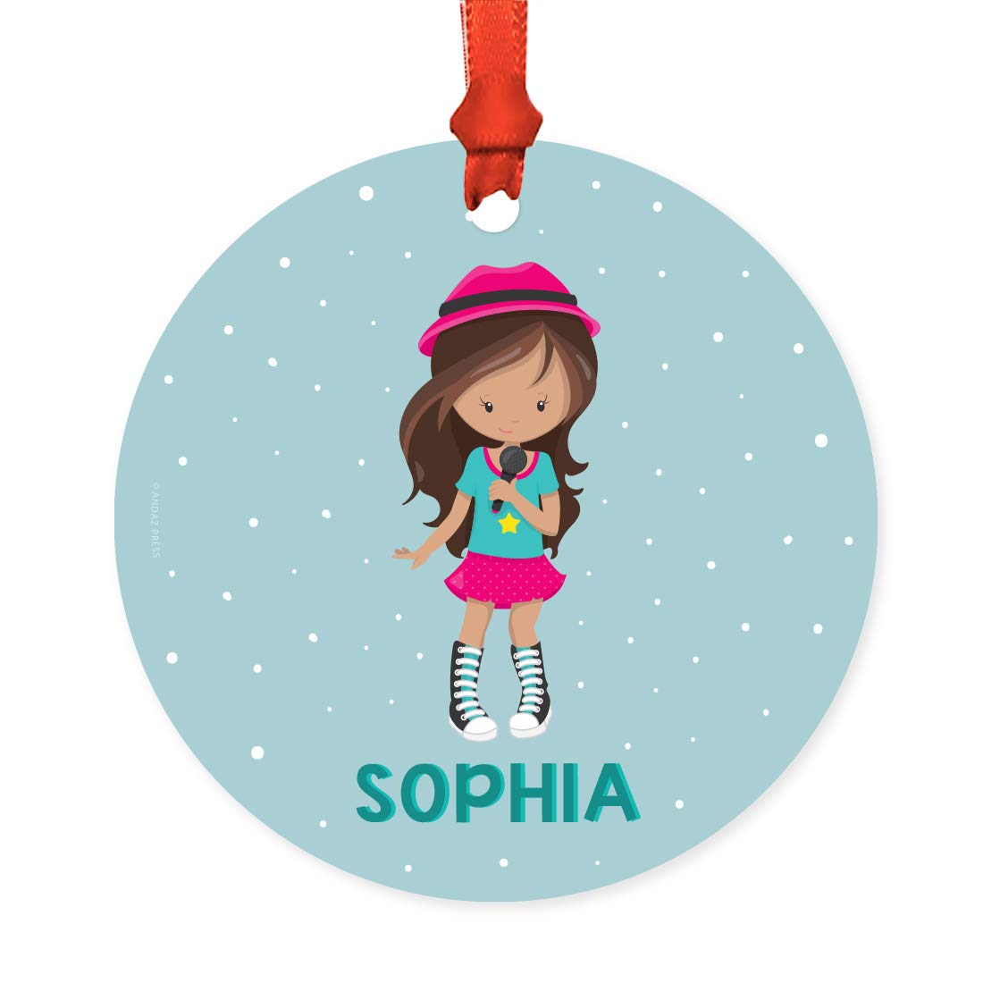 Personalized Round Metal Christmas Ornament - Girl Rock Band with Microphone - Custom Child's Birthday & Xmas Tree Decorations - 1-Pack - Perfect for Holiday Gifts, Family Tree Decor & Kids' Room Accents