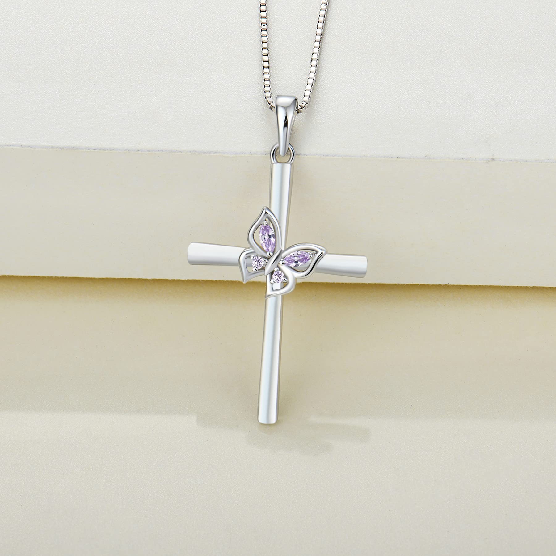 YL Butterfly Cross Necklace - Sterling Silver Crucifix Pendant with Gemstones for Women | Elegant Religious Jewelry Gift for Baptism, Confirmation & Everyday Wear