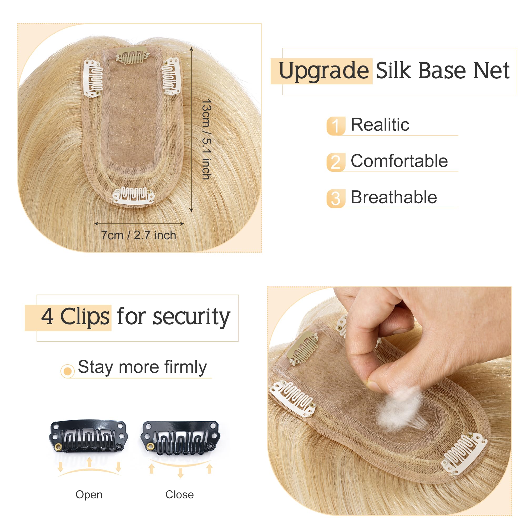 SEGO 100% Real Human Hair Toppers for Women with Thinning Hair - 7x13cm Silk Base Clip-in Top Wiglet, 10 Inch No Bangs (Ash Blonde & Bleach Blonde) - Perfect for Daily Wear, Parties, and Special Occasions