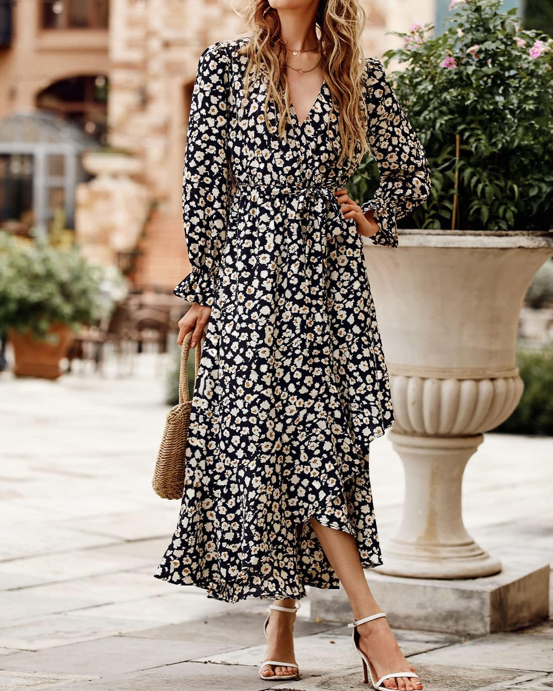 BTFBM Women's Floral V-Neck Long Sleeve Boho Dress - High Waist Ruffle Summer Wedding Guest Dress for Spring & Summer 2025 | Perfect for Garden Parties, Bridal Showers & Formal Events