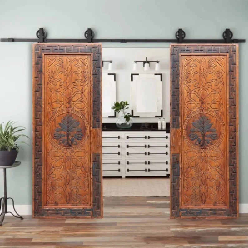 Handmade Custom Carved Antique Sliding Barn Doors - Rustic Farmhouse Style for Bedroom, Living Room & Entryway