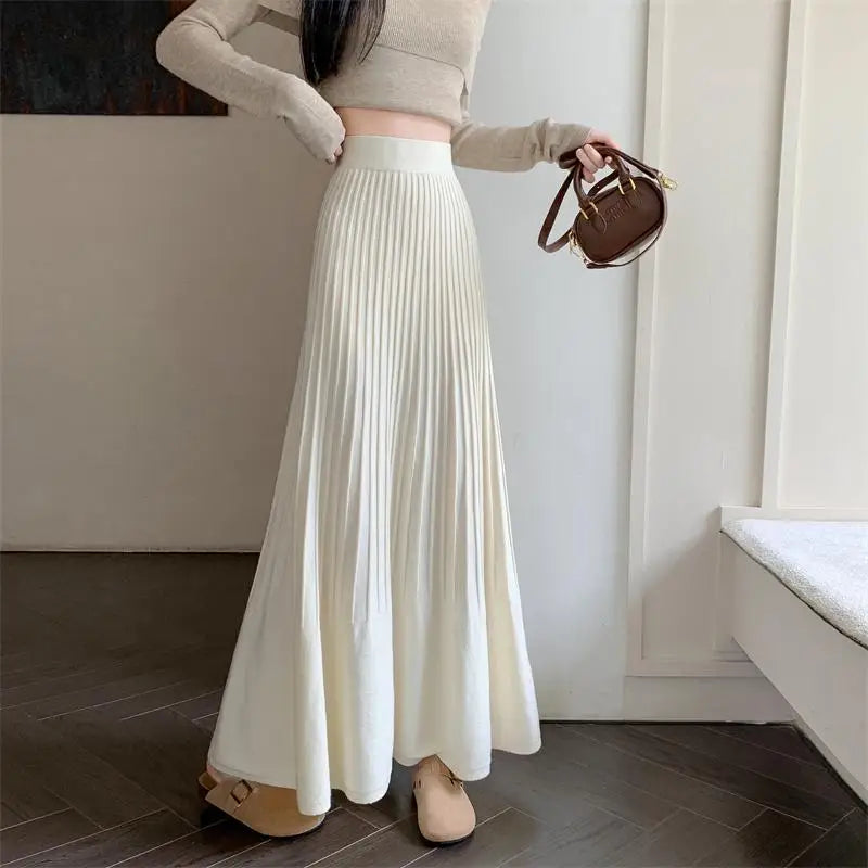 Women's Black High Waist Elastic Skirt - Korean Retro Style A-Line Pleated Long Skirt for Autumn Winter | Elegant Beige Color for Vacation, Party & Office Wear