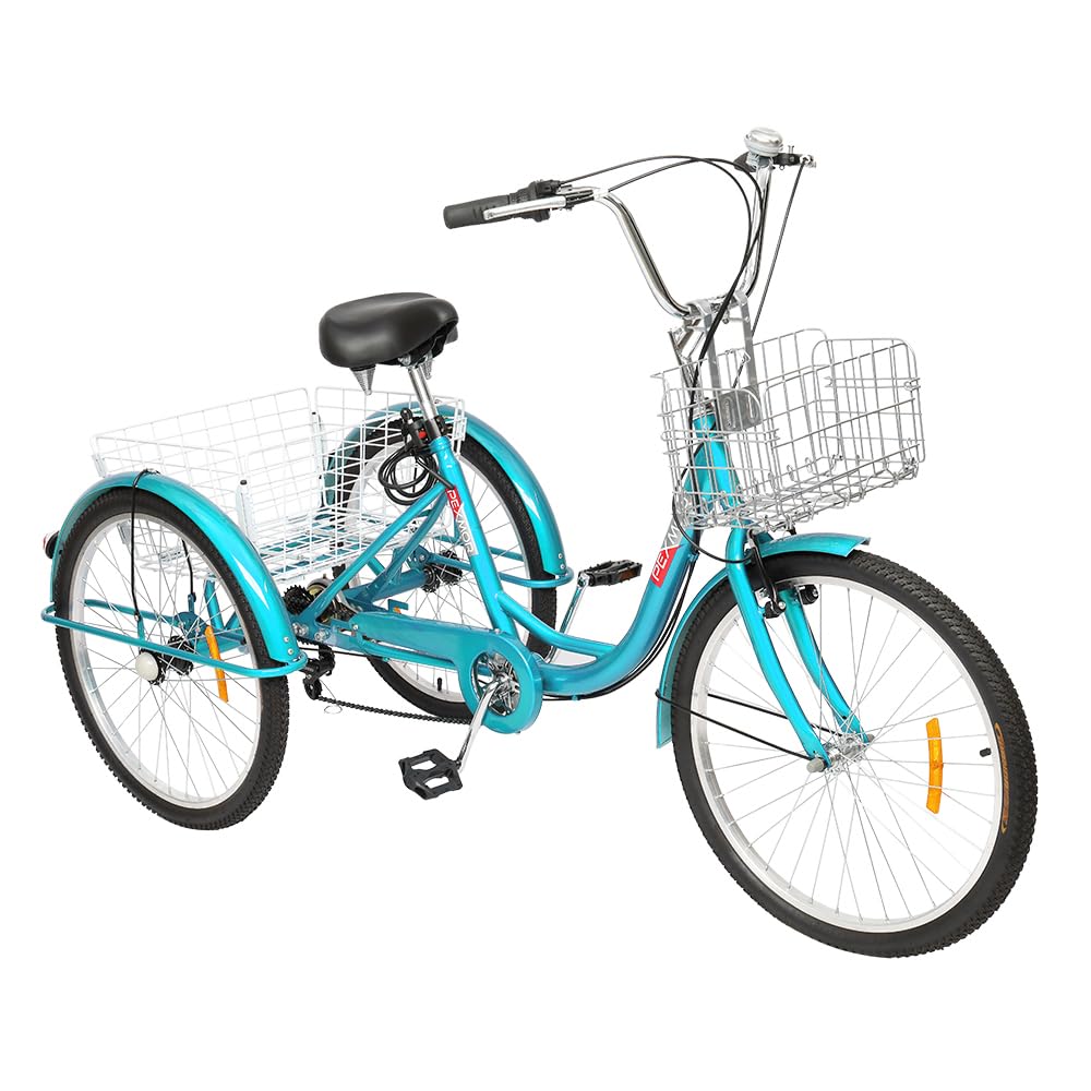 **PEXMOR 7-Speed Adult Tricycle, 24/26 Inch 3-Wheel Bike for Men & Women, Senior Cruiser Trike with Folding Front & Rear Basket - Perfect for Shopping, Recreation, Picnics & Outdoor Activities**