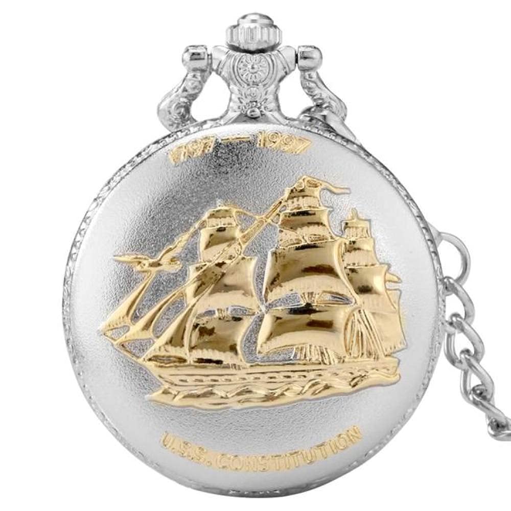 Vintage UIOXAIE Silver & Gold Military Pocket Watch - Navy Constitution Sail Frigate Quartz Timepiece with FOB Chain | Old Ironsides Collection | Perfect for Historical Reenactments, Collector Gifts & Steampunk Fashion Accessories