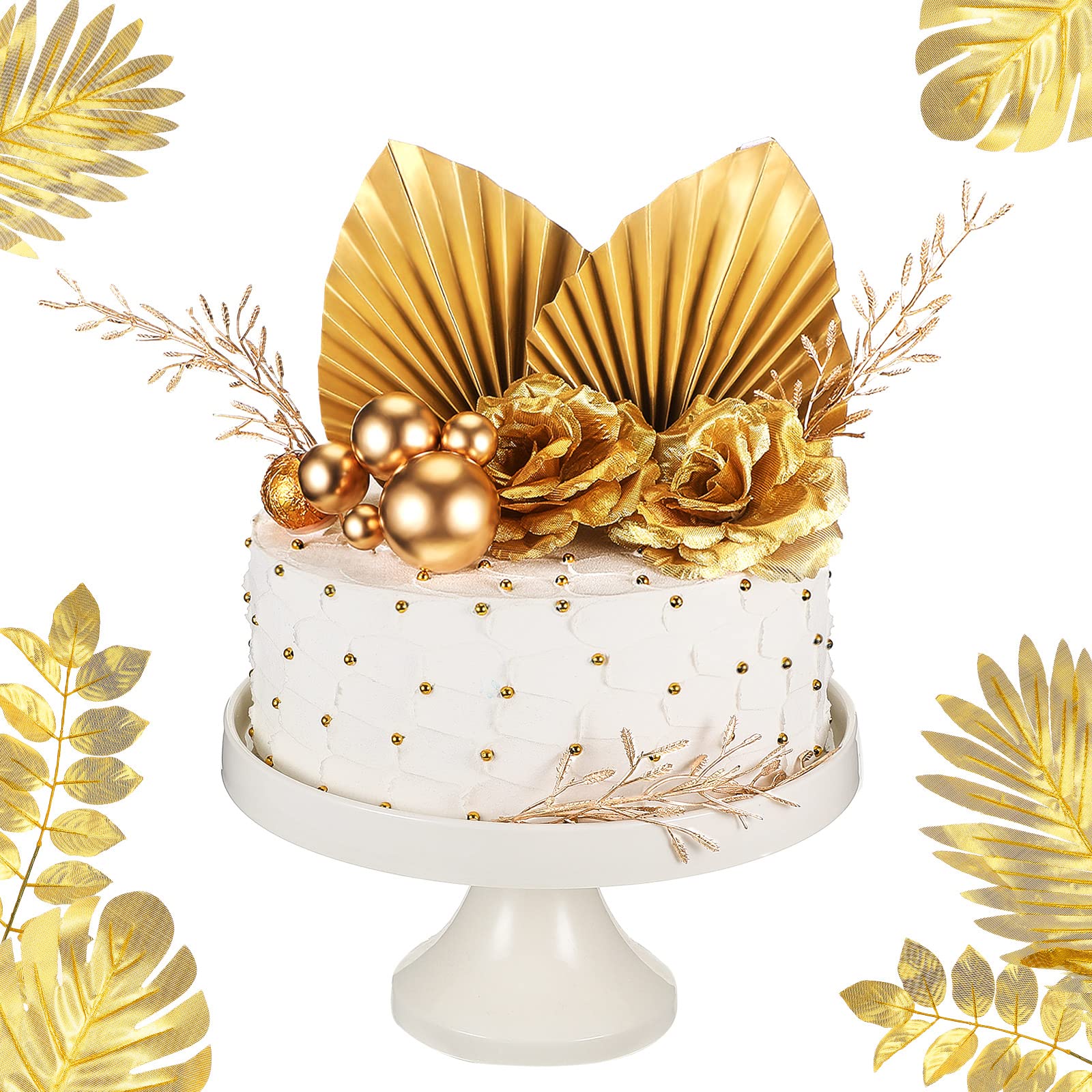 Gold Palm Leaf Cake Toppers - 26pcs Floral Decor for Birthday & Wedding Cakes