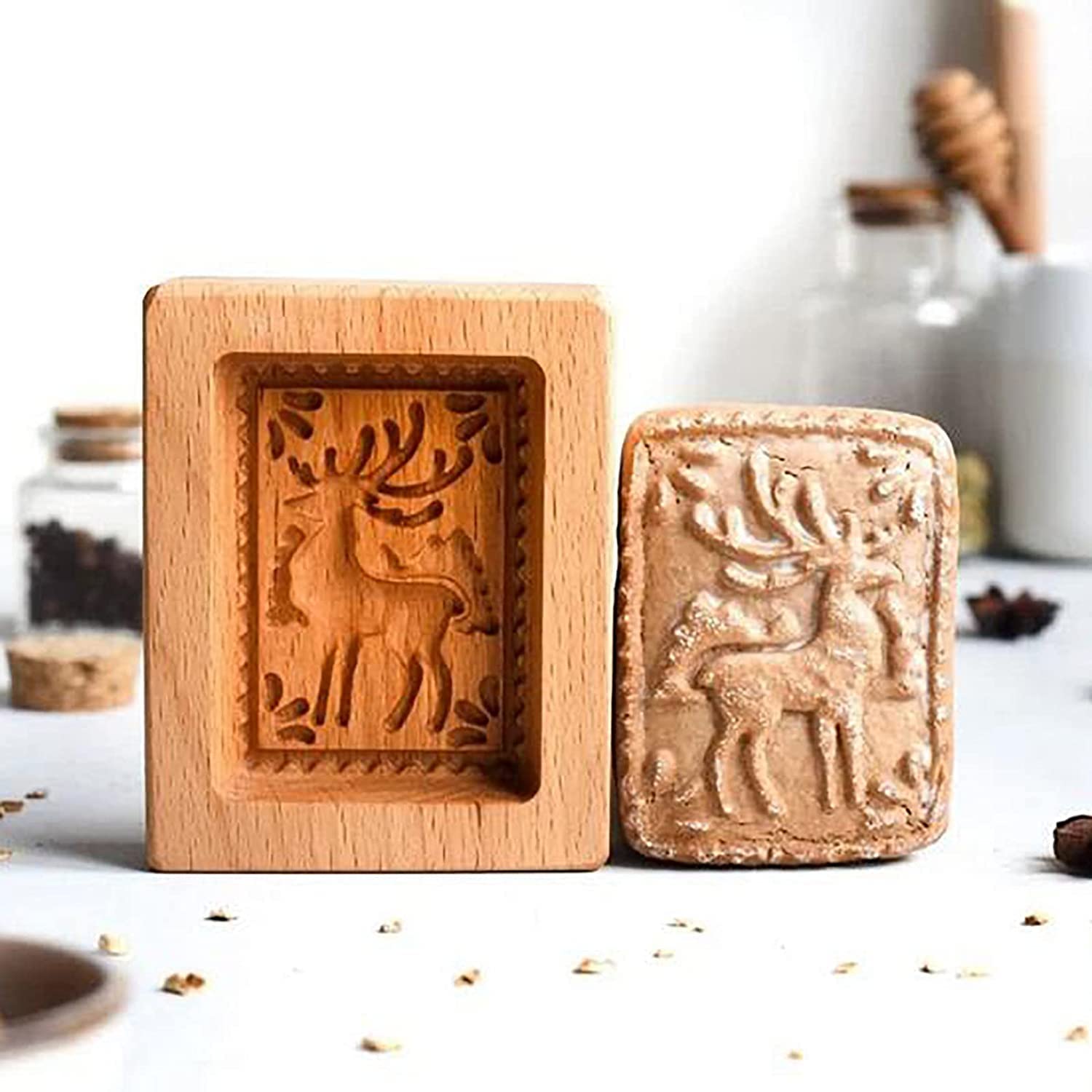 Hand-Carved Wooden Cookie Mold - Gingerbread & Biscuit Press Stamp for Baking - Deer Design with Pine Cones & Provence Rose - Perfect for Holiday Cookies, DIY Baking, and Christmas Gift Giving