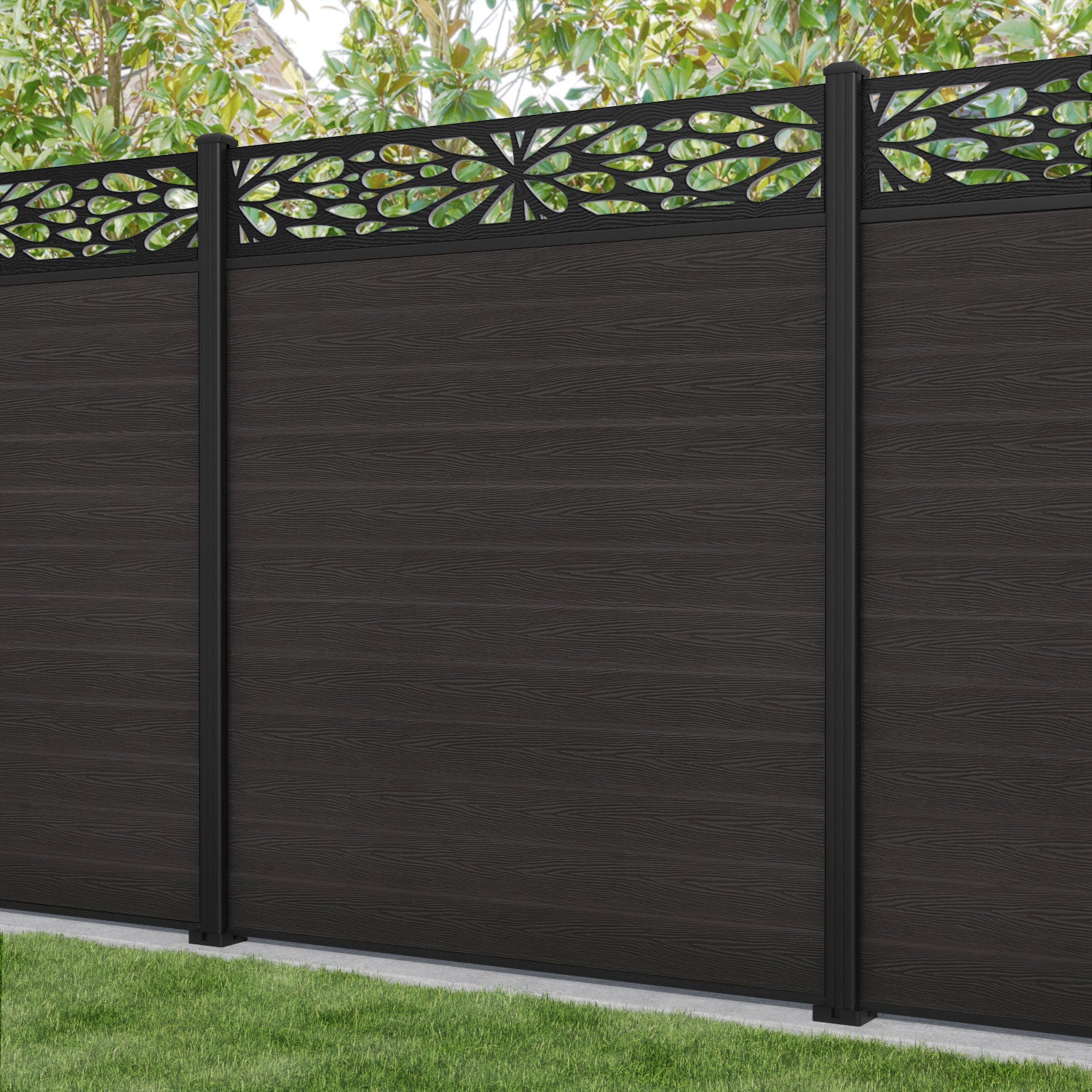 Classic Blossom Fence Panel - Dark Oak Wood Garden Fence with Aluminum Posts | Outdoor Privacy Screen for Patio, Yard & Backyard Landscaping