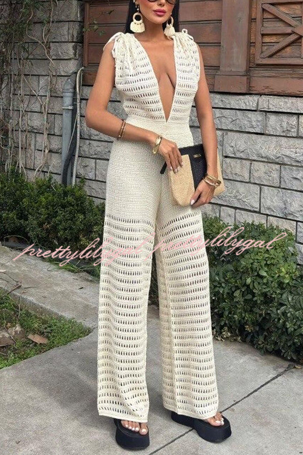 Stylish Solid Color Knitted V-Neck Casual Jumpsuit for Women | Holiday & Everyday Wear | Perfect for Beach, Party, and Office Outfits