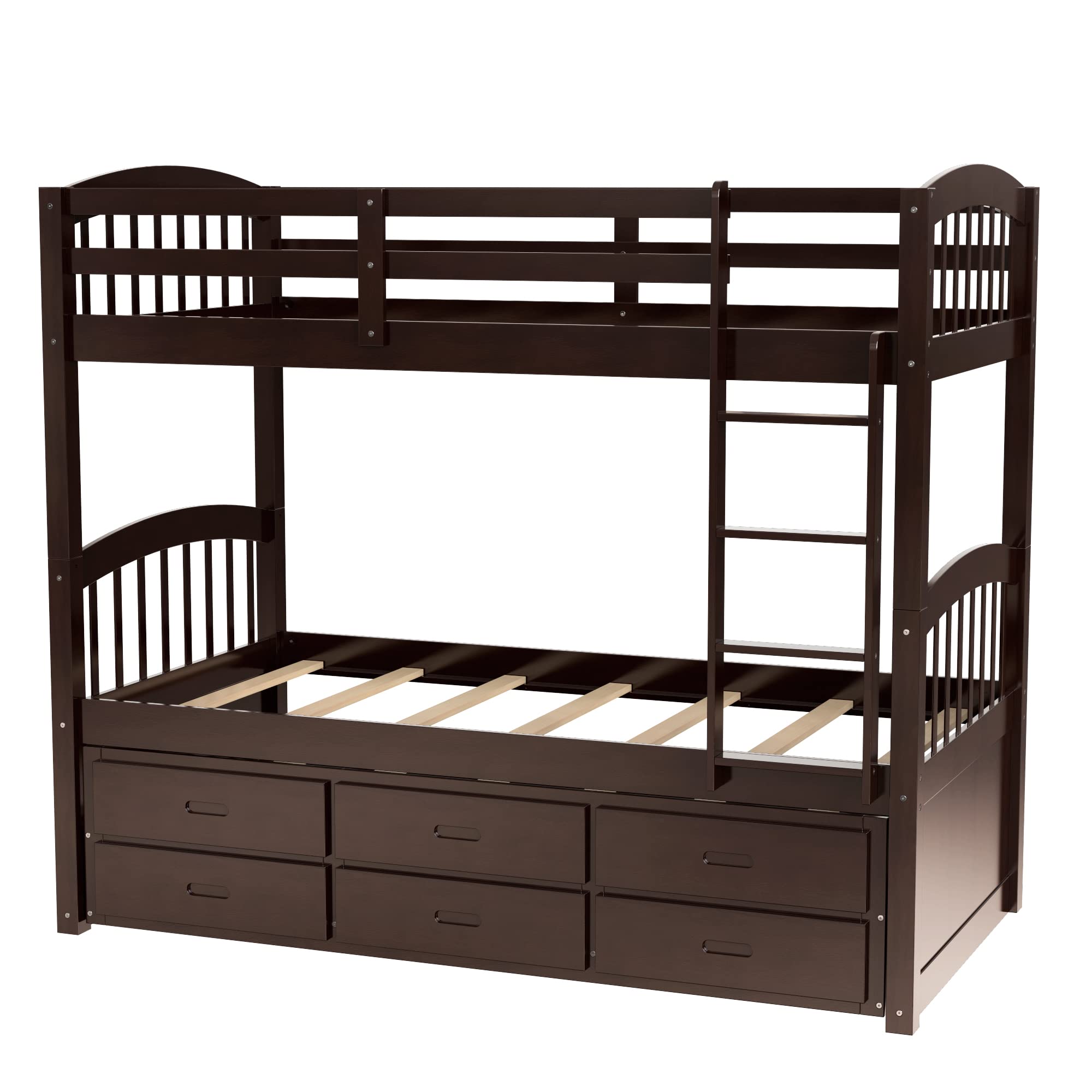 Harper & Bright Designs Solid Wood Twin Over Twin Bunk Bed with Trundle - 3 Storage Drawers, Safety Rail, Convertible to 2 Beds - No Box Spring Needed (Espresso) - Perfect for Kids' Bedroom, Guest Room & Space-Saving Solutions