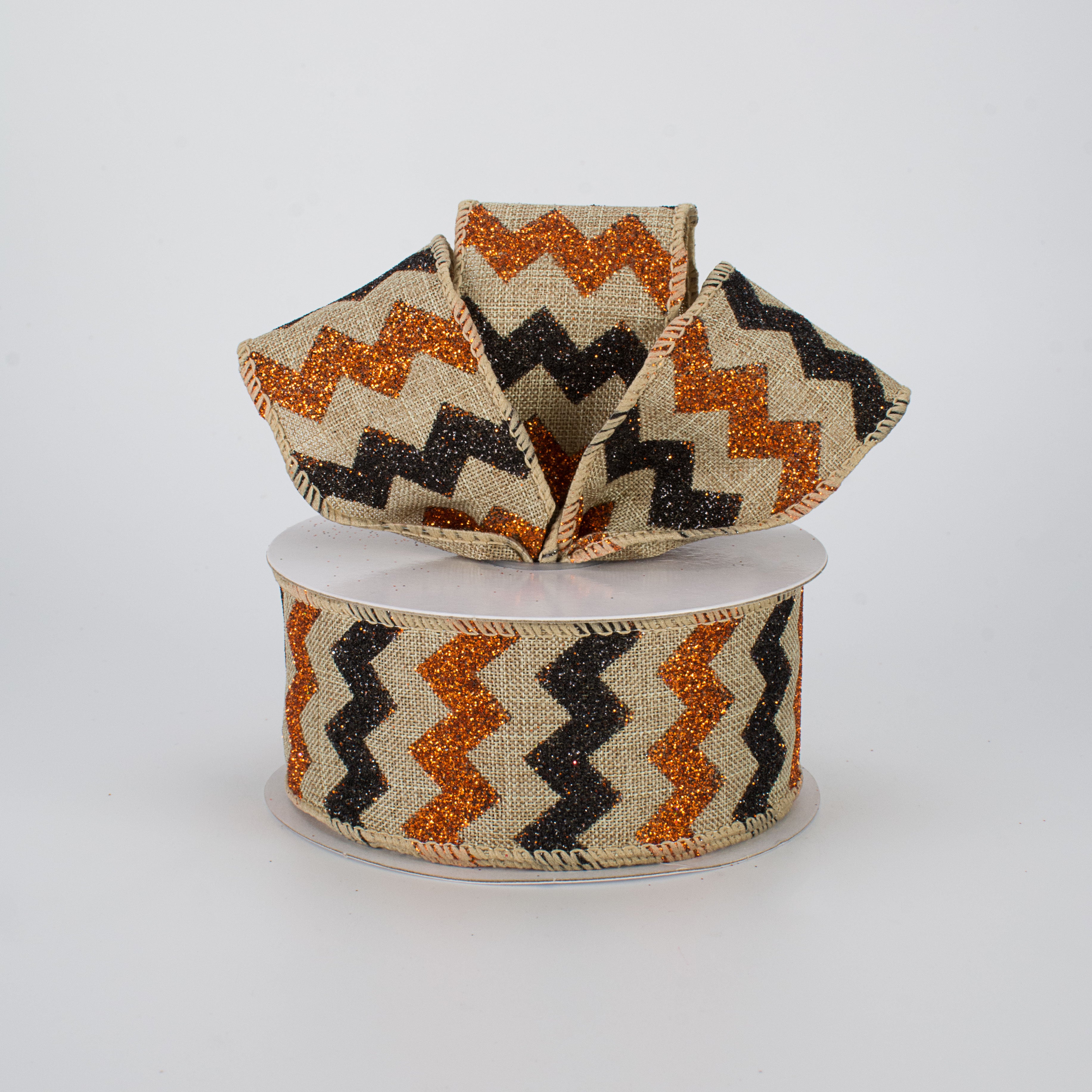 1.5 Inch Natural Canvas Glitter Orange & Black Chevron Ribbon - 10 Yards Bulk Roll for Gift Wrapping, Party Decorations, DIY Crafts, Scrapbooking & Hair Bows