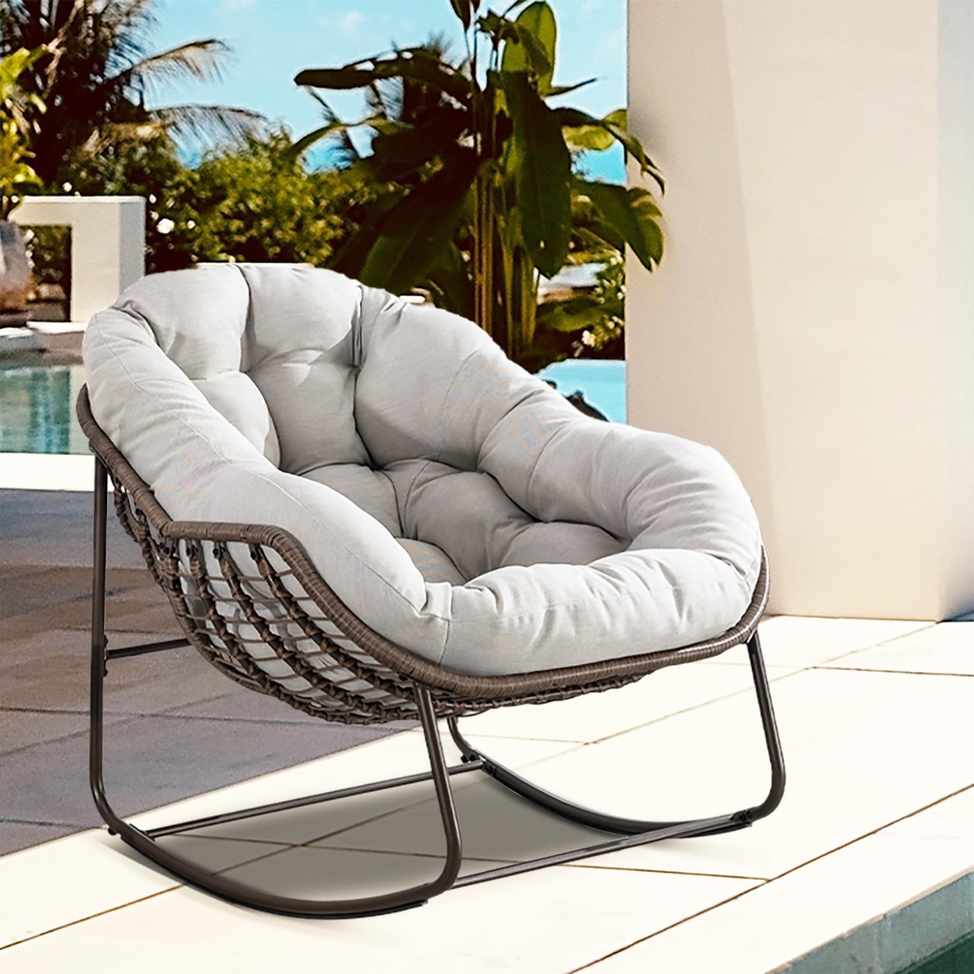 Oversized Wicker Papasan Glider Rocking Chair - Comfortable Patio Rocker Recliner for Living Room, Nursery, Bedroom, Front Porch & Lawn - Perfect for Relaxing, Reading & Lounging (Beige, 1 Chair)