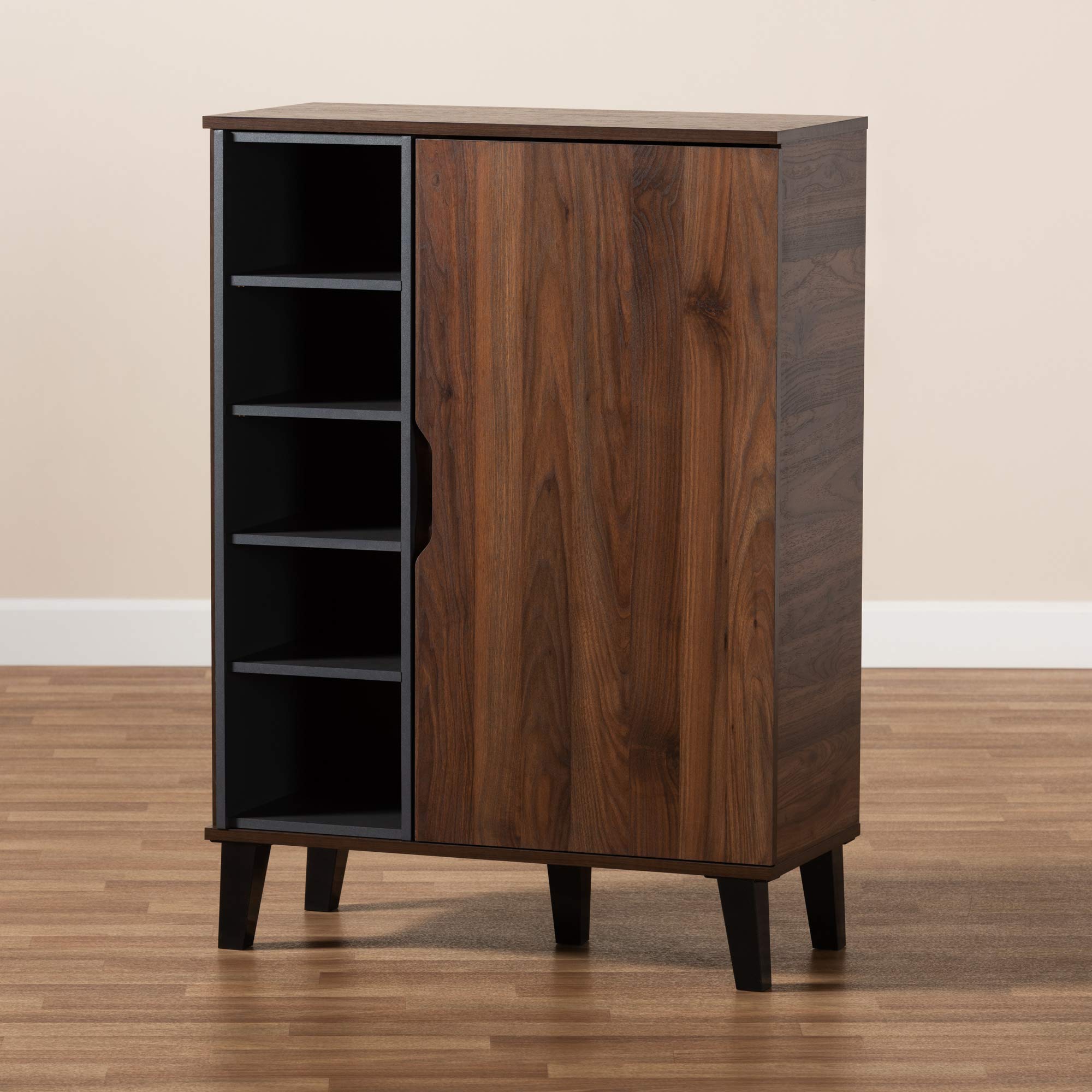 Baxton Studio Shoe Rack - 3-Tier Wooden Shoe Organizer with Sturdy Metal Frame in Walnut, Grey & Dark Brown | Space-Saving Entryway, Closet & Bedroom Storage Solution