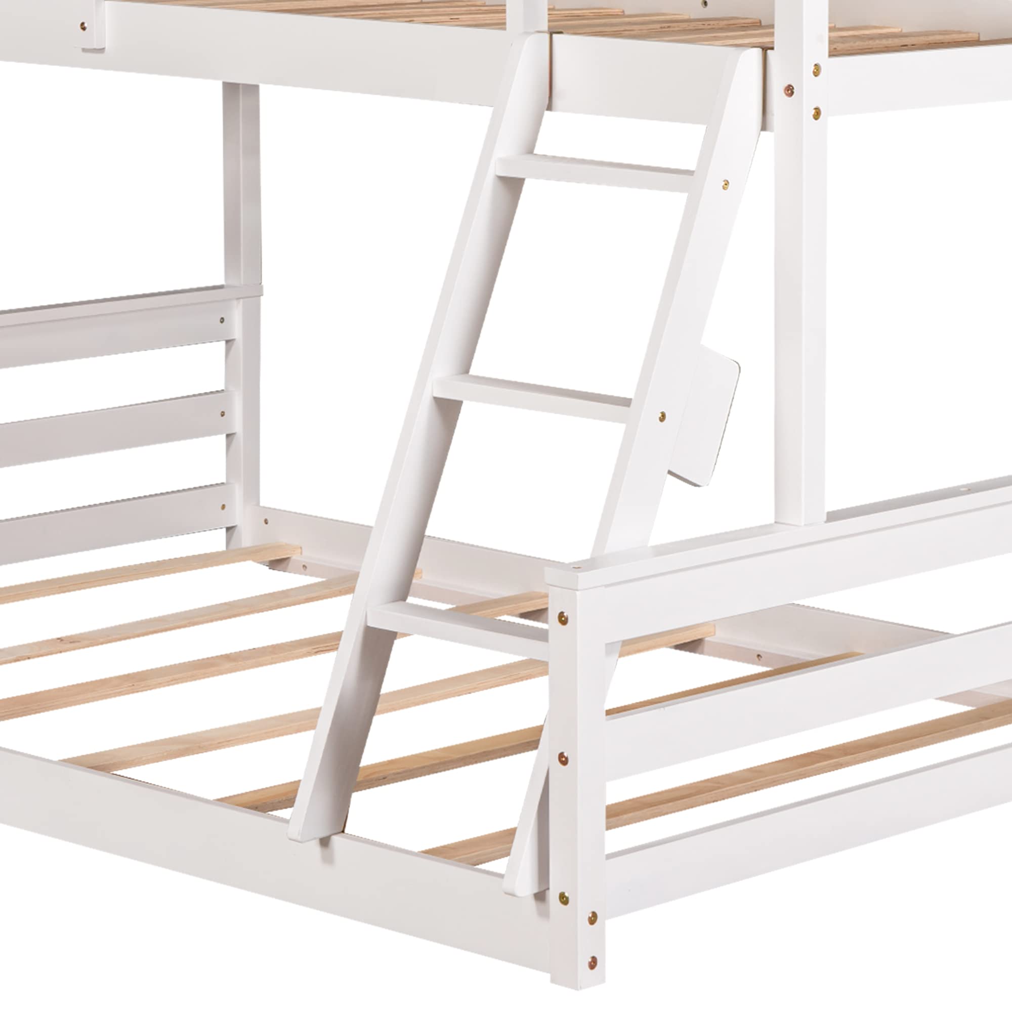 Low Bunk Bed Twin Over Full with Built-in Ladder - Sturdy Wooden Bunk Bed Frame for Kids & Teens - Space-Saving Bedroom Furniture for Small Rooms & Shared Kids' Rooms - White