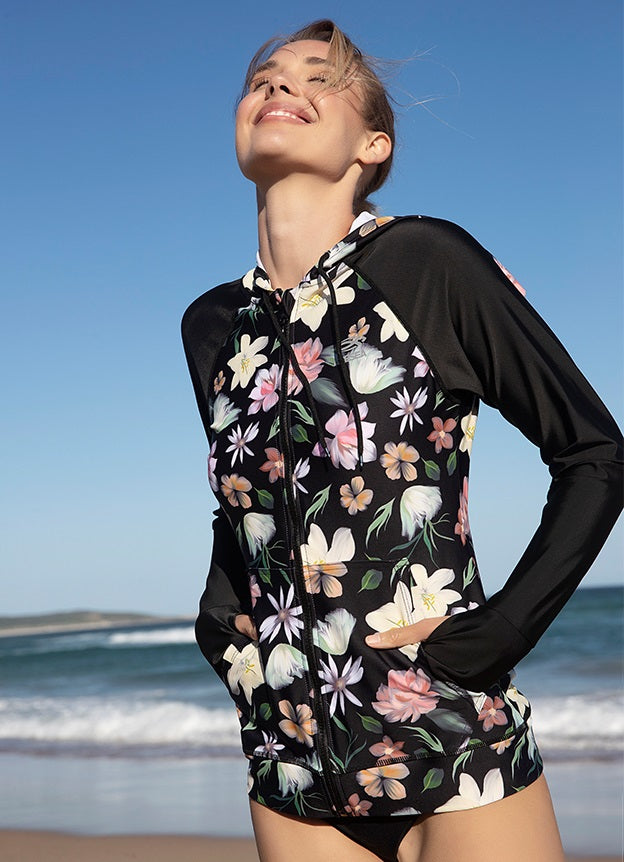Coral Flower Print UPF 50 Long Sleeve Rash Guard Swimsuit Top - Sun Protection Beachwear for Surfing, Swimming & Water Sports | Argentina Artist x Axesea