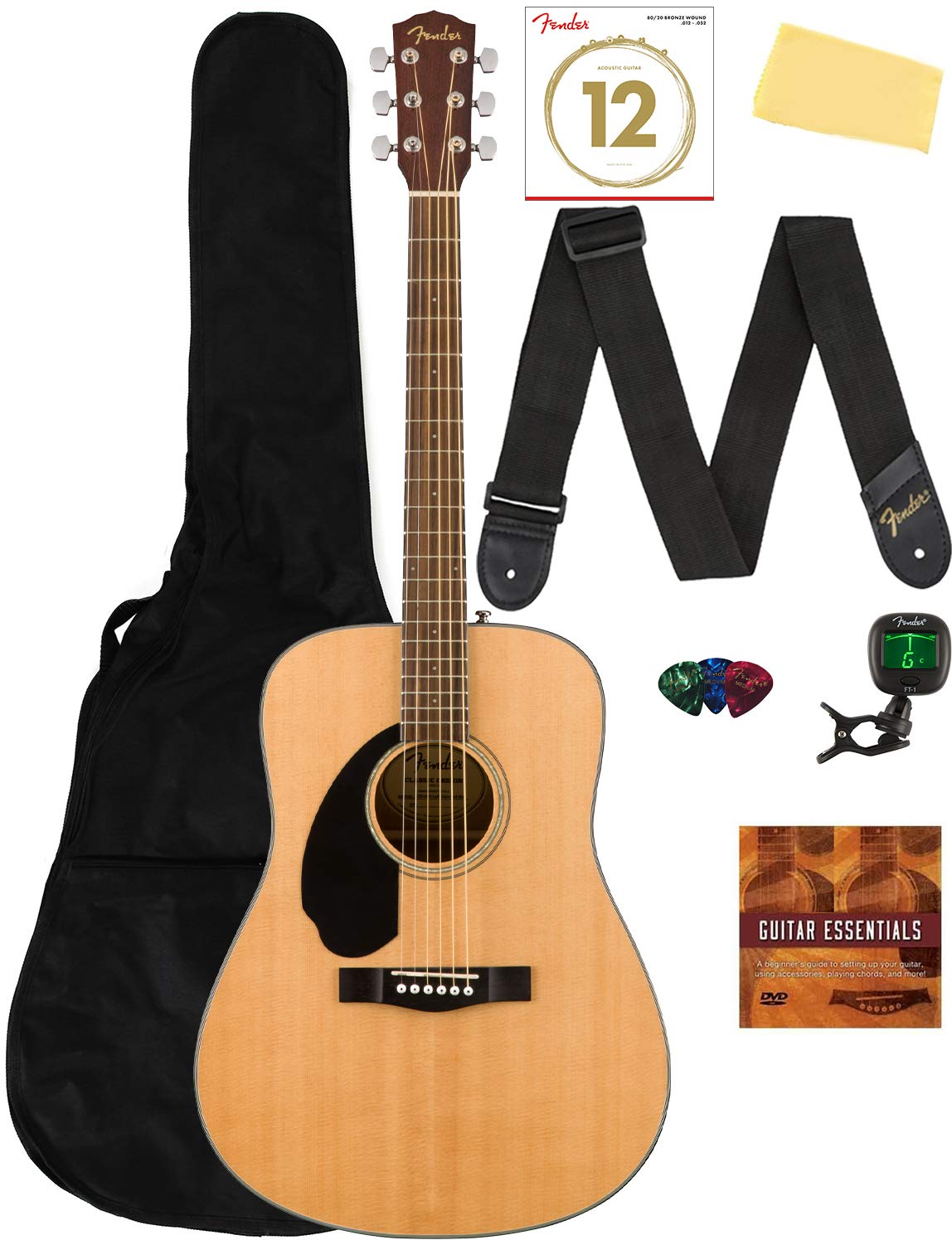 Fender CD-60S Solid Top Left-Handed Acoustic Guitar Bundle - Natural Finish with Gig Bag, Tuner, Strap, Strings, Picks & Austin Bazaar Instructional DVD | Perfect for Beginners, Home Practice & Live Performances