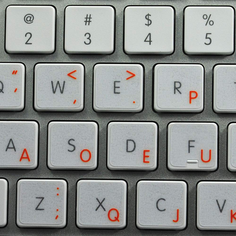 Apple Dvorak Keyboard Labels - Orange Lettering Transparent Stickers for MacBook, Windows PC, Laptop & Desktop Computers | Easy Typing Upgrade for Programmers & Writers
