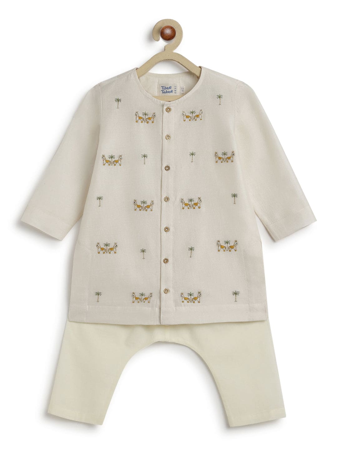 Pre Order: Baby Boy Horse Print Kurta Pyjama Set - Cream Cotton Ethnic Outfit for Festivals, Parties & Family Gatherings