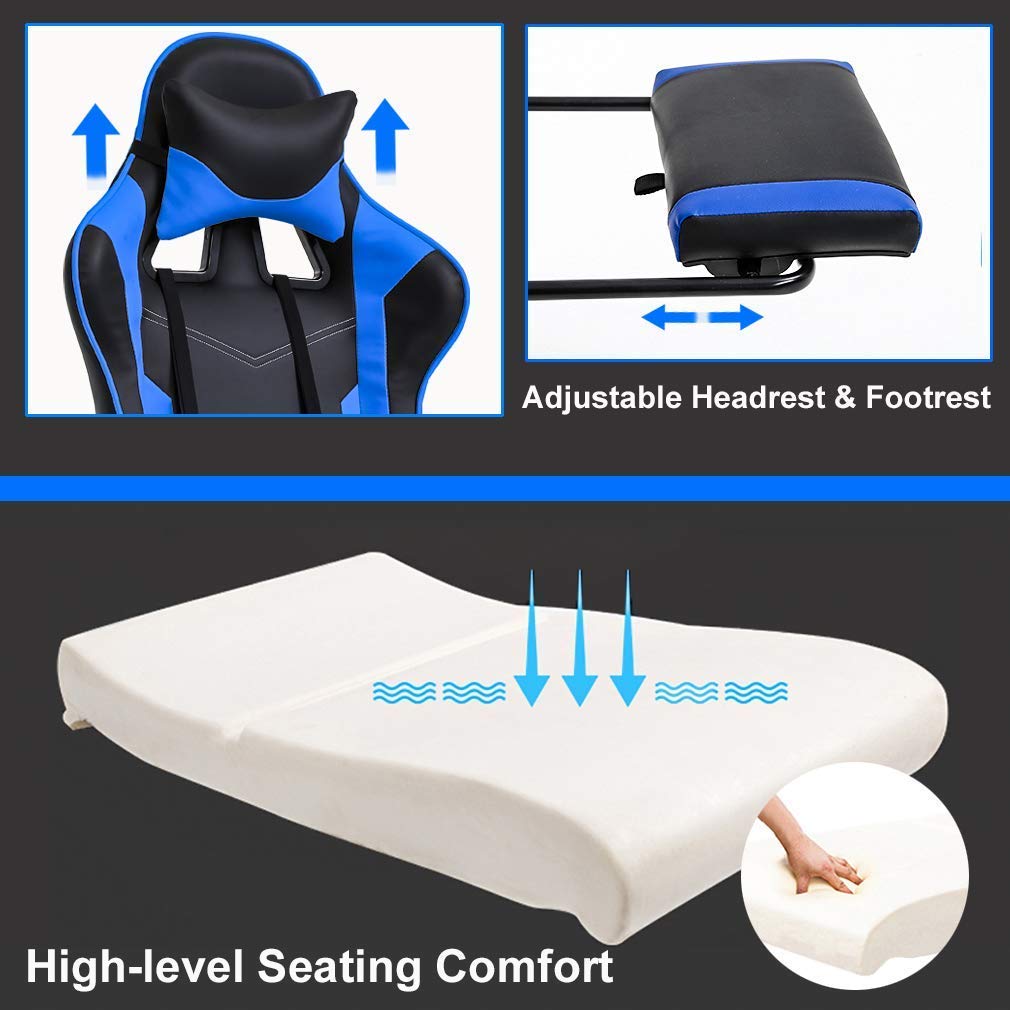 Ergonomic Blue Gaming Chair with Massage Function - Heavy Duty PC Racing Office Chair, Adjustable Lumbar Support, Headrest & Footrest - Perfect for Home Office, Video Gaming & Workstation Use