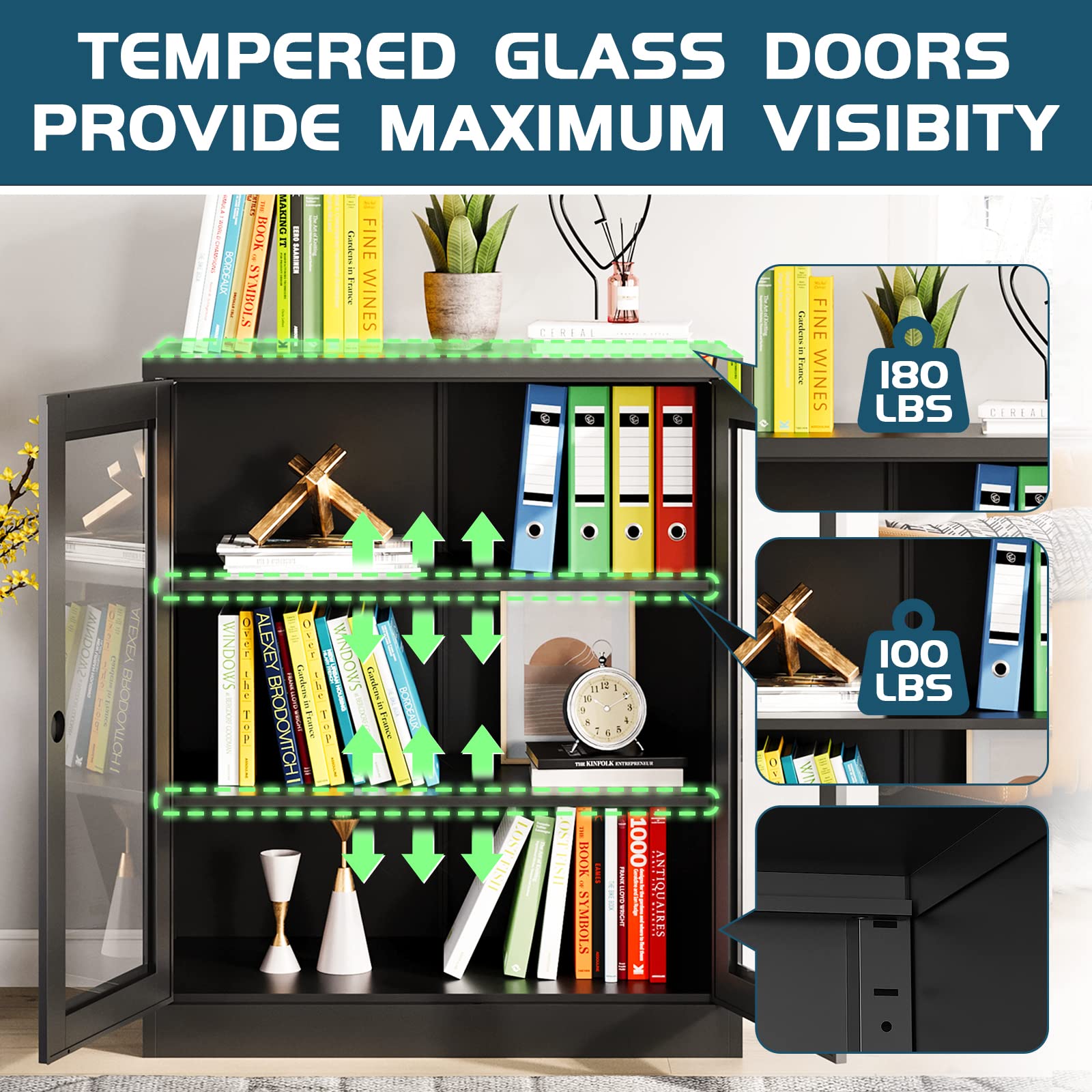 MIIIKO Metal Storage Cabinet with Glass Doors - Counter Height Display Cabinet with 2 Adjustable Shelves, Tempered Glass & Locking Mechanism - Perfect for Kitchen, Office, or Retail Store Display