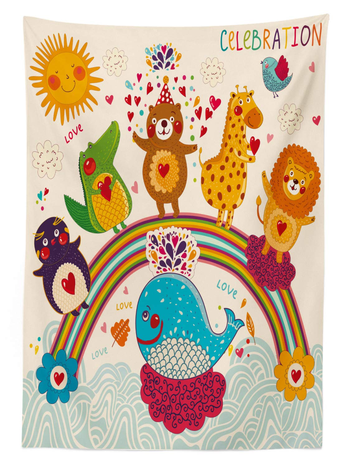 Ambesonne Birthday Party Tablecloth - Hand Drawn Tropical Animals & Whale Rainbow Design - Waterproof Washable Picnic Table Cover 58x84 Inches - Perfect for Outdoor Parties, BBQs, Beach Picnics & Birthday Celebrations