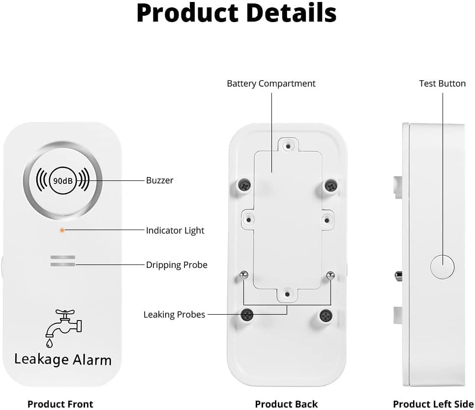 TOWODE Water Leak Detector with 90dB Alarm - Sensitive Leak Sensor for Kitchen, Bathroom, Basement (3 Pack) - Prevent Water Damage & Flooding in Home, RV, Laundry Room
