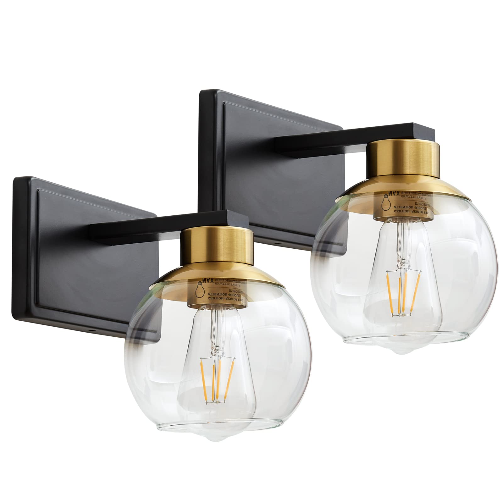 PAZALA 2 Pack Black Gold Wall Sconces - Modern Bedroom Lighting for Bathroom & Living Room