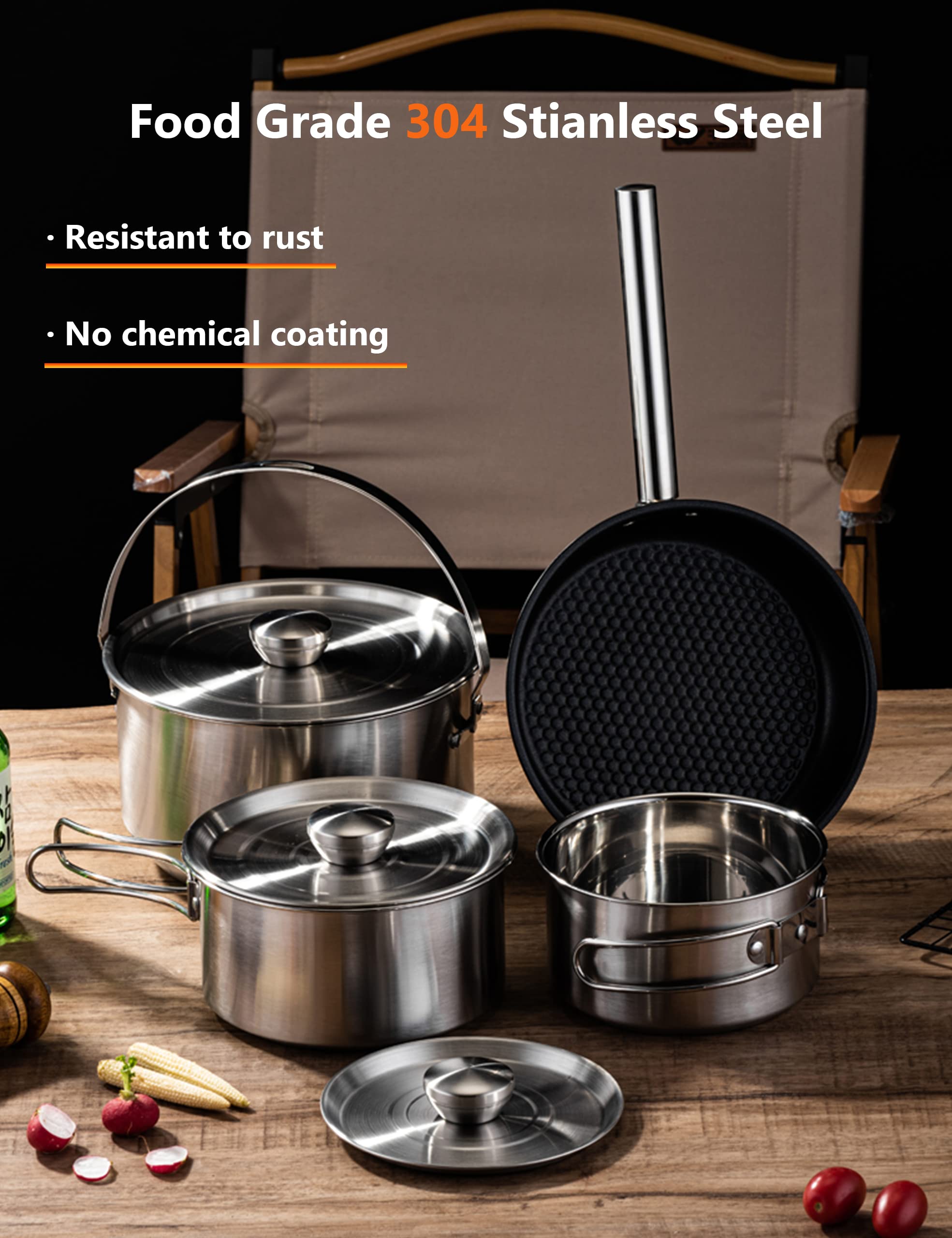 **CampPro Stainless Steel Camping Cookware Set for 4-8 People – Portable Camping Pots & Pans with Carrying Bag – Perfect for Campfire Cooking, RV Trips, Backyard Picnics & Outdoor Adventures**