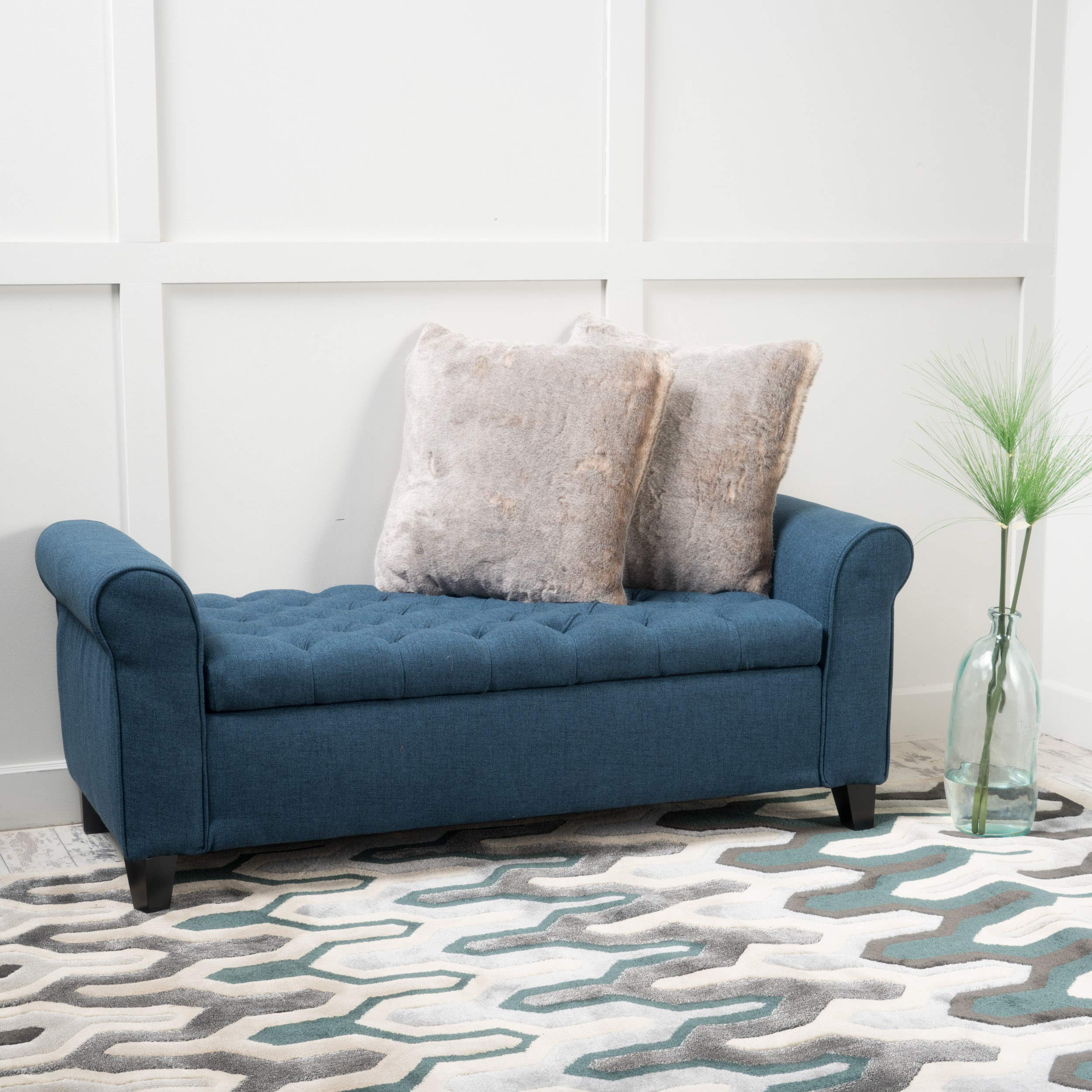 Christopher Knight Home Keiko Fabric Storage Bench with Arms - Dark Blue Upholstered Entryway Bench (19.75