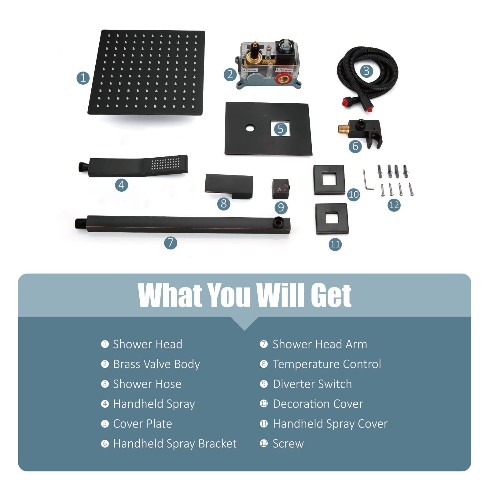 Aolemi 12-Inch Oil Rubbed Bronze Wall Mount Shower System - Rain Shower Head & Handheld Spray Combo with Rough-in Valve & Trim Kit - Perfect for Modern Bathroom Renovation & Spa-Like Shower Experience