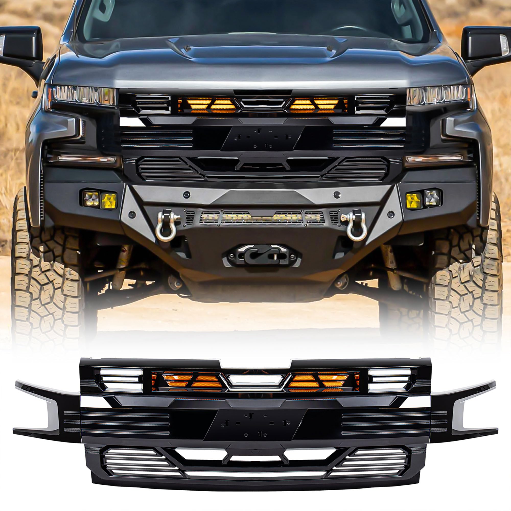 19-21 Chevy Silverado 1500 LED Grille with Amber Lights - Glossy Black Off-Road Armor Upgrade for Enhanced Visibility & Style | Perfect for Night Driving, Off-Road Adventures & Truck Customization